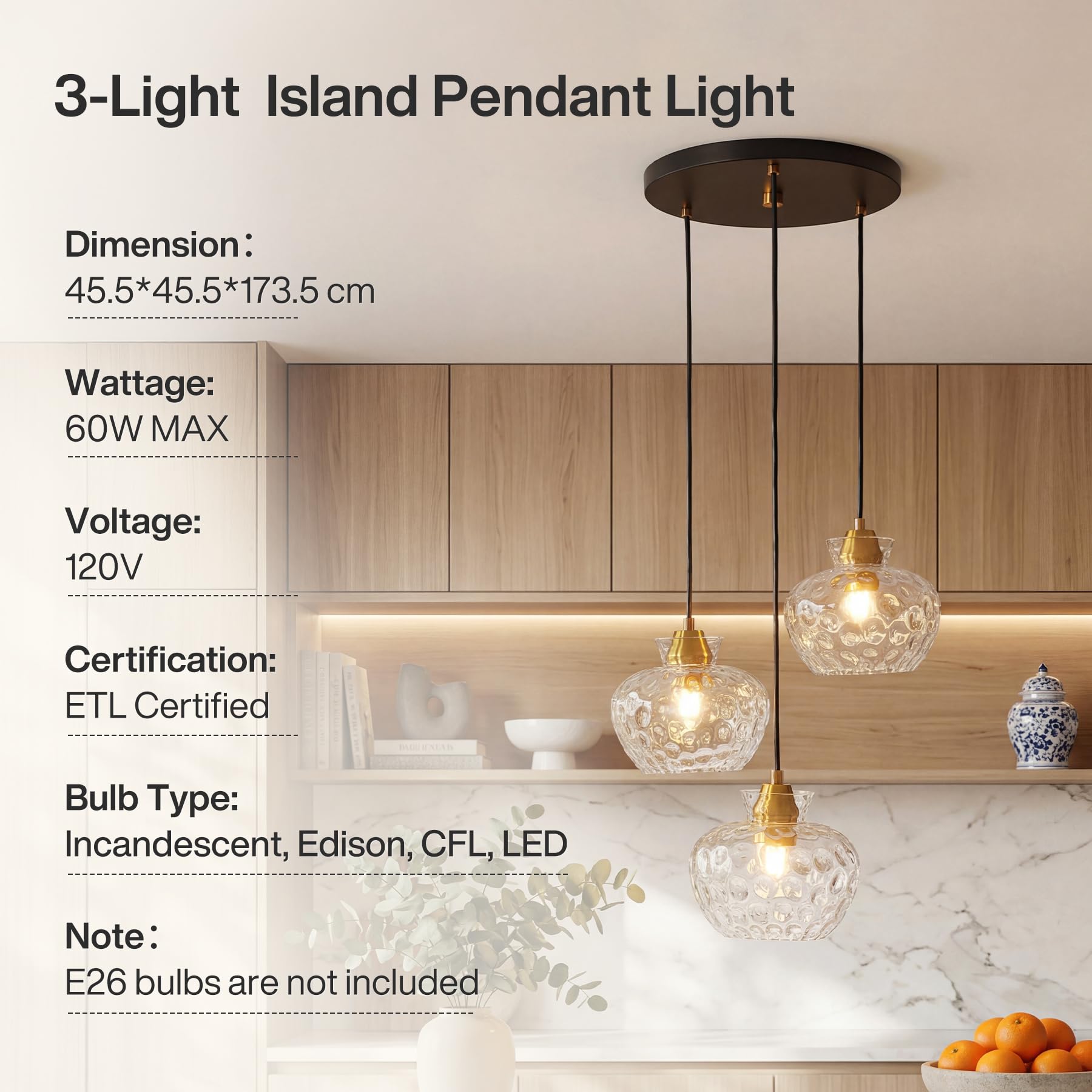 Tribesigns Pendelleuchte 3 Flammig, Vintage Hängelampe mit Wasserriffel Glas, Höhenverstellbare Hängeleuchte Esstisch, E27 Glas Pendelleuchte für Esszimmer, Küche, Wohnzimmer, Schwarz