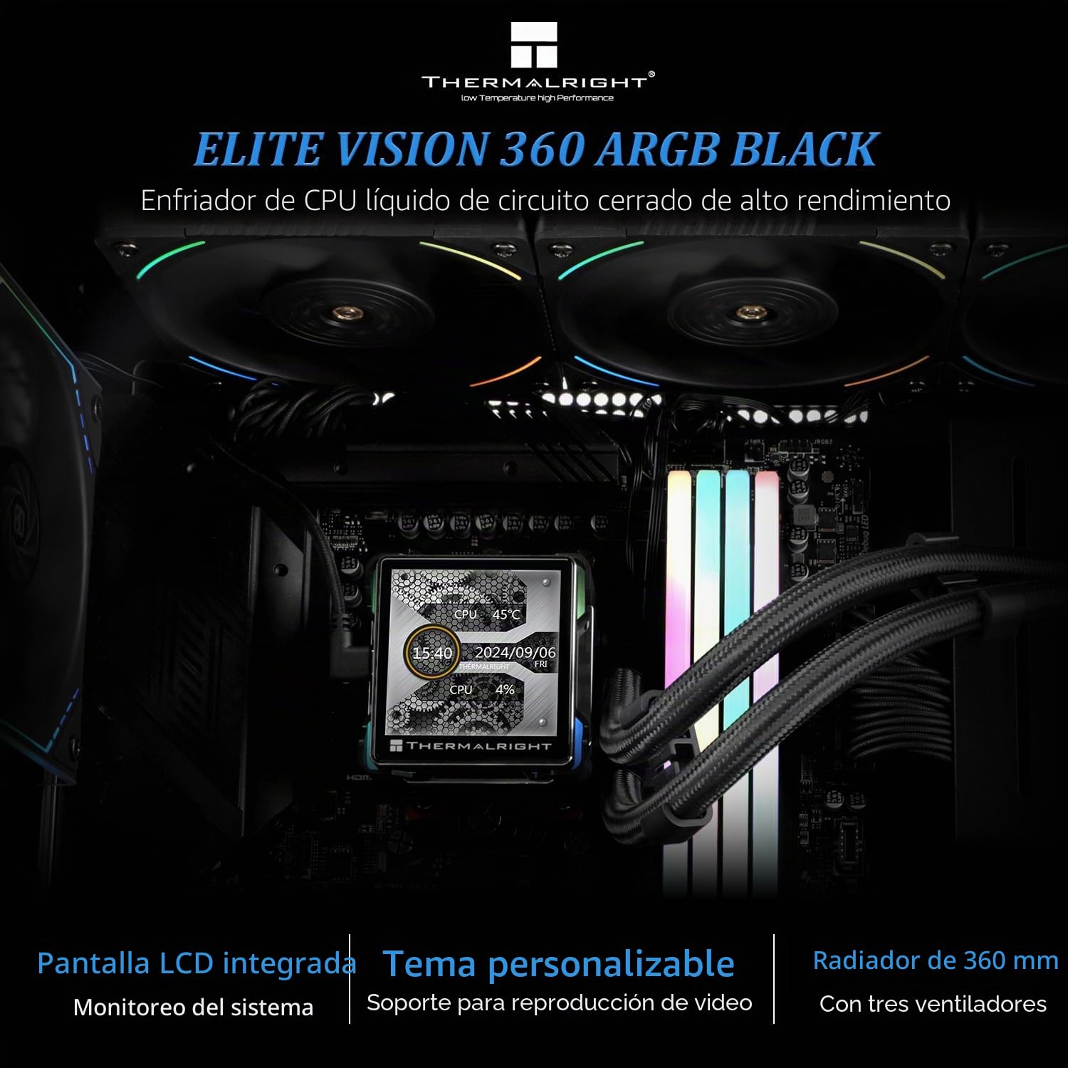 TR Elite Vision 360 ARGB NEGRO ENFRIADOR DE AGUA PARA CPU CON VENTILADOR TL-K12 PWM, VELOCIDADES DE 2150 RPM, PANTALLA LCD IPS CON RESOLUCIÓN DE 320 * 320, ENFRIADOR DE CPU LÍQUIDO, PARA AM5/Intel