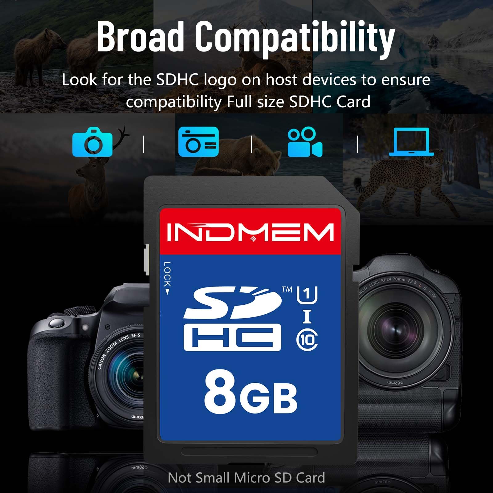 INDMEM Carte SD de 8 Go (lot de 3), cartes mémoire C10 SDHC UHS-I U1 Classe 10 haute vitesse Full 4K HD Vidéo compatible avec les appareils photo numériques point-and-shoot, caméscopes HD,