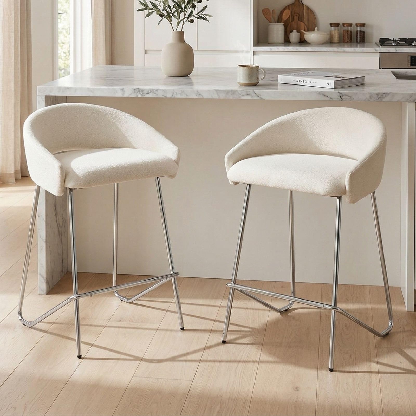 chairus 2er-Set Moderne Barhocker, Metall Chrom Beine, Chenille-Bezug, Weiß