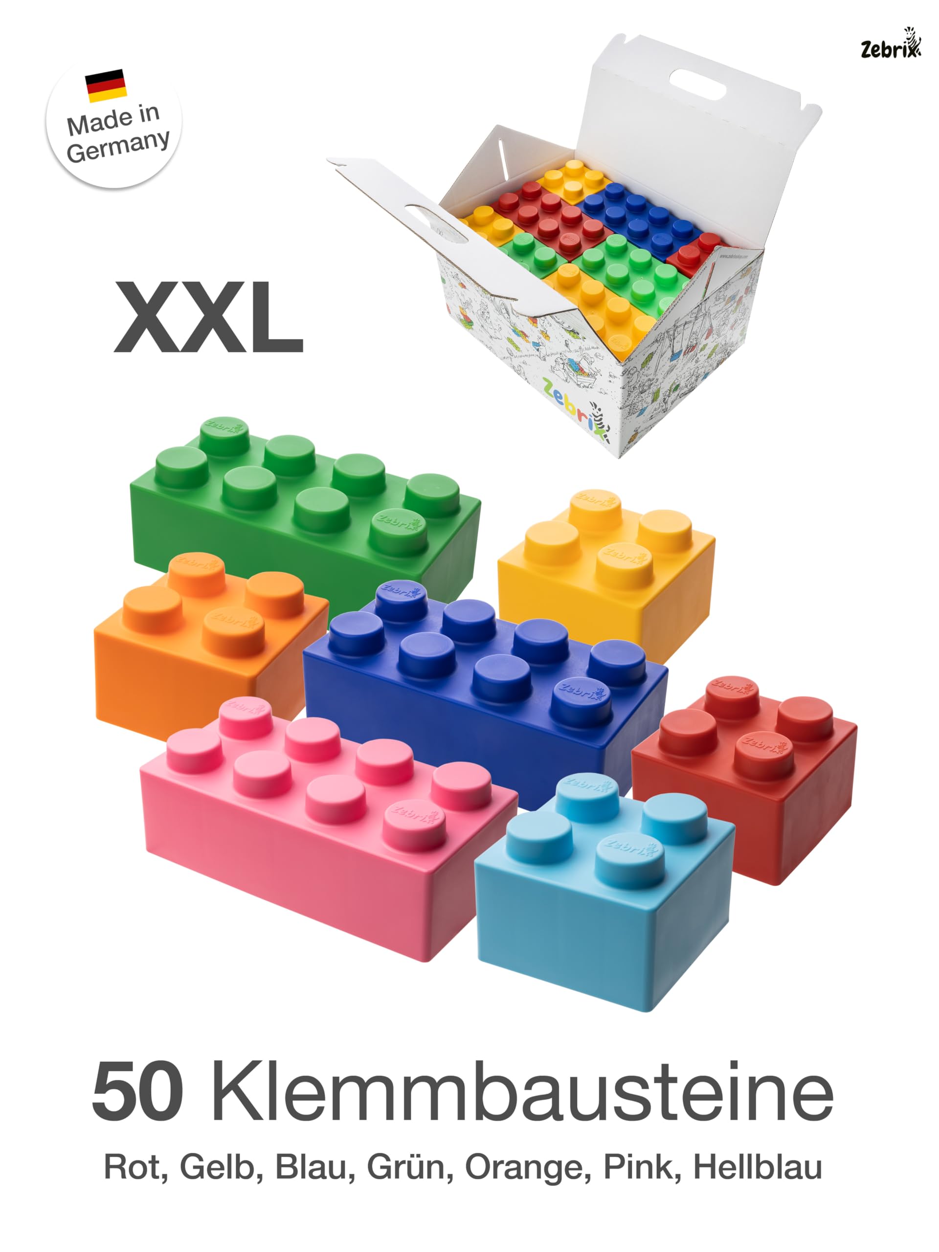 Zebrix XXL 50 mattoncini da costruzione in 7 colori I grandi mattoncini da costruzione in rosa, azzurro, arancione, rosso, verde, blu e giallo (50 pietre), per neonati e bambini, realizzati in