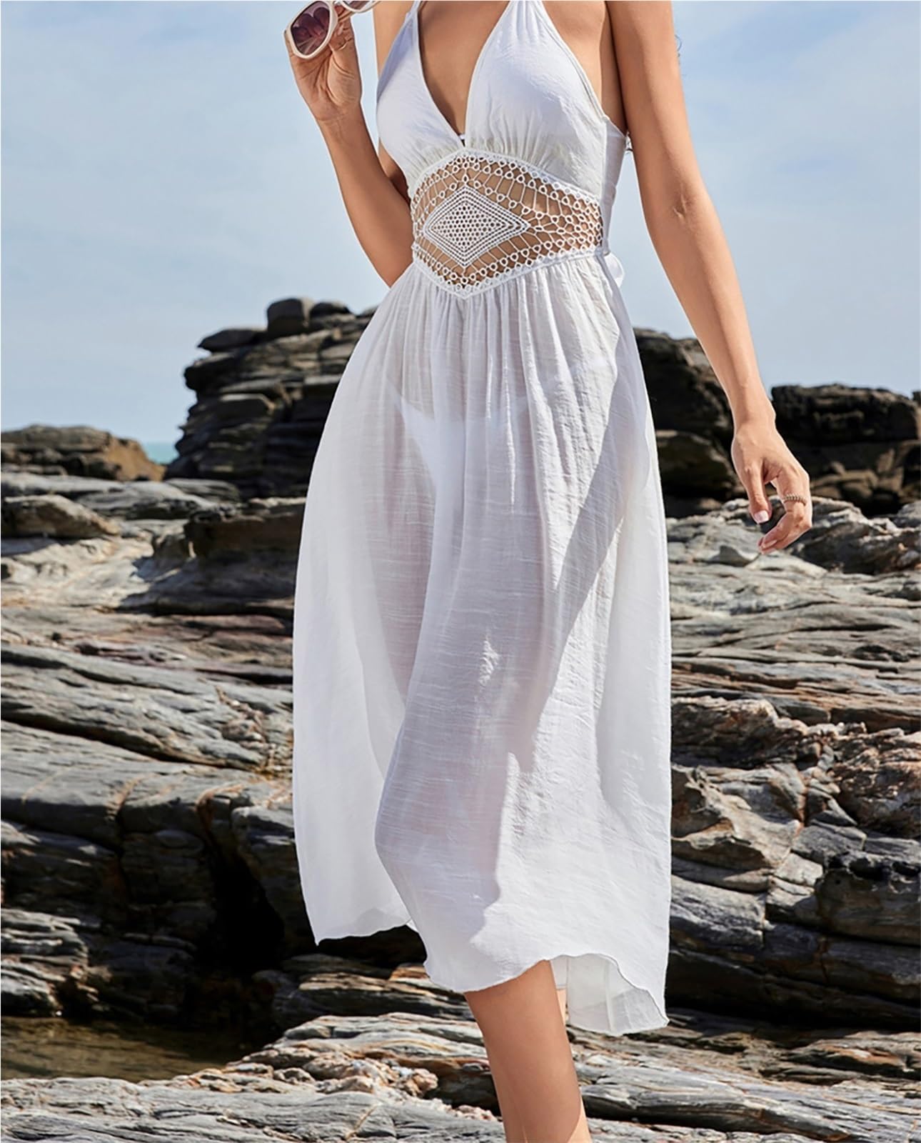 Robe de plage ajourée - Dos nu - Tunique tricotée dos nu - Cache-maillot de plage - Pour femme
