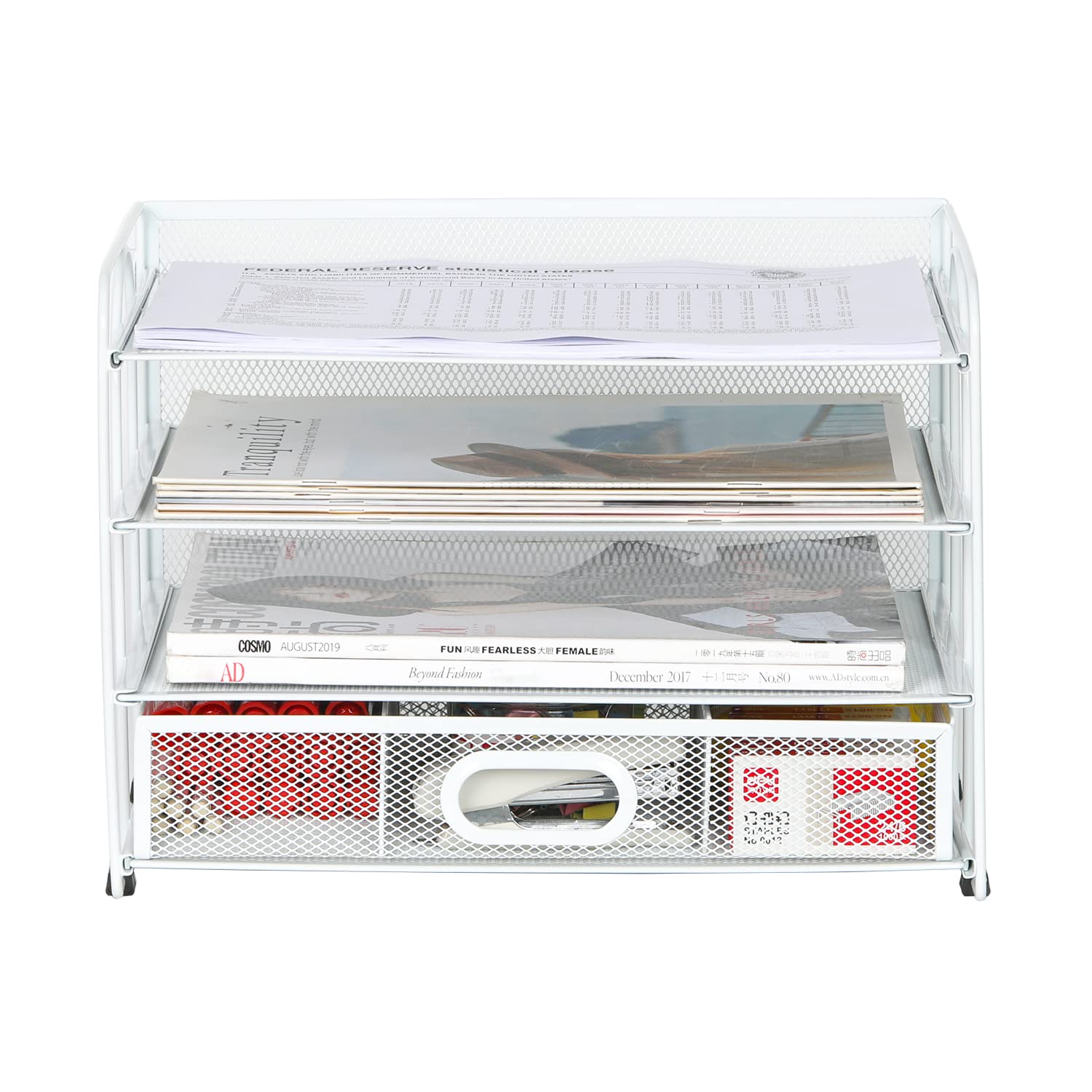EasyPAG 4 Niveles Metal Malla A4 Bandeja Oficina Organizador Documentos Almacenamiento Papeles Soporte Archivador Clasificador Escritorio Estante Carta con Cajón,Blanco