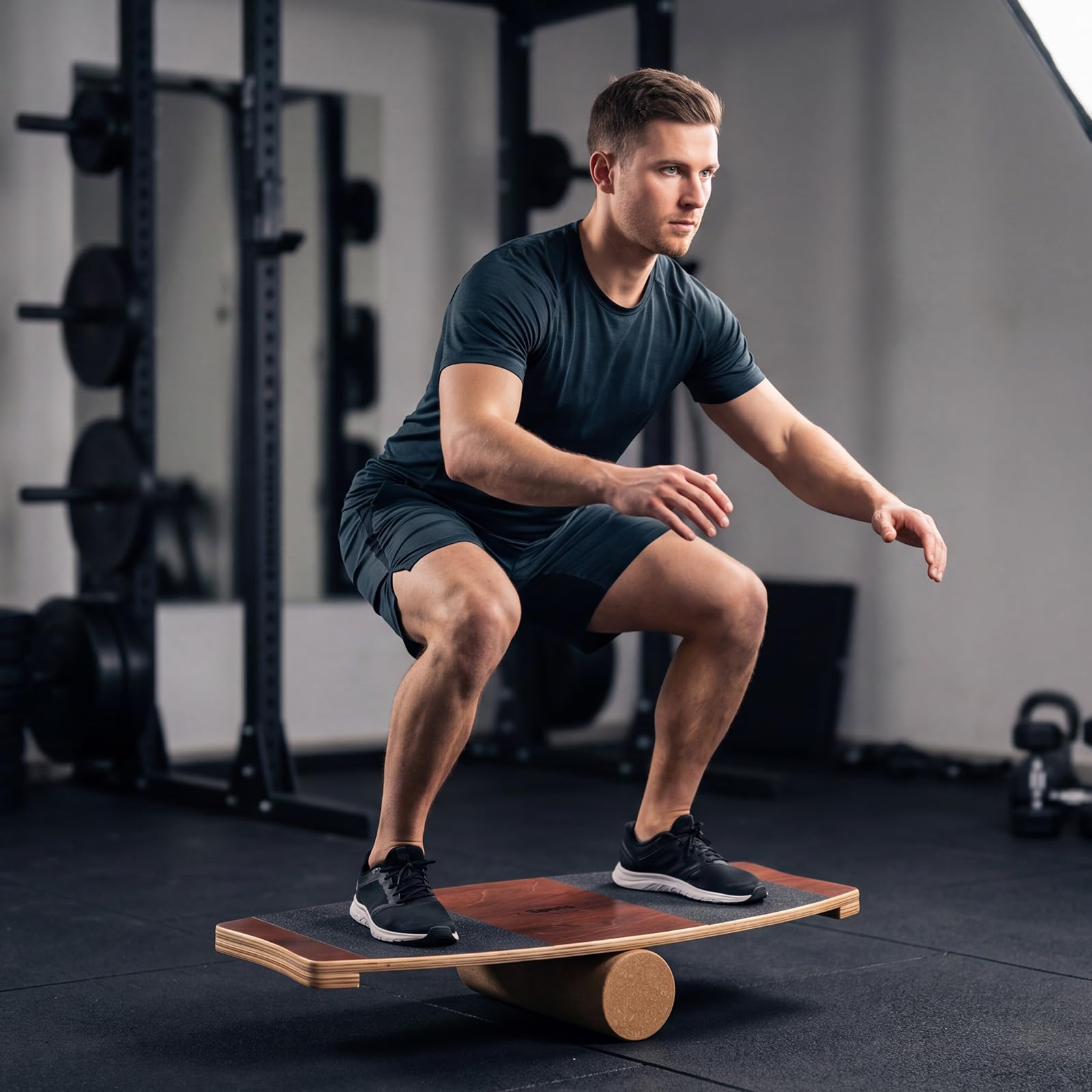 GYMAX Tavoletta Propriocettiva in Legno, Balance Board con Rullo, Tavola di Equilibrio in Legno, Antiscivolo, Sicuro, per Allenamento di Surf e Skateboard, Forza di Core e Muscoli, Marrone