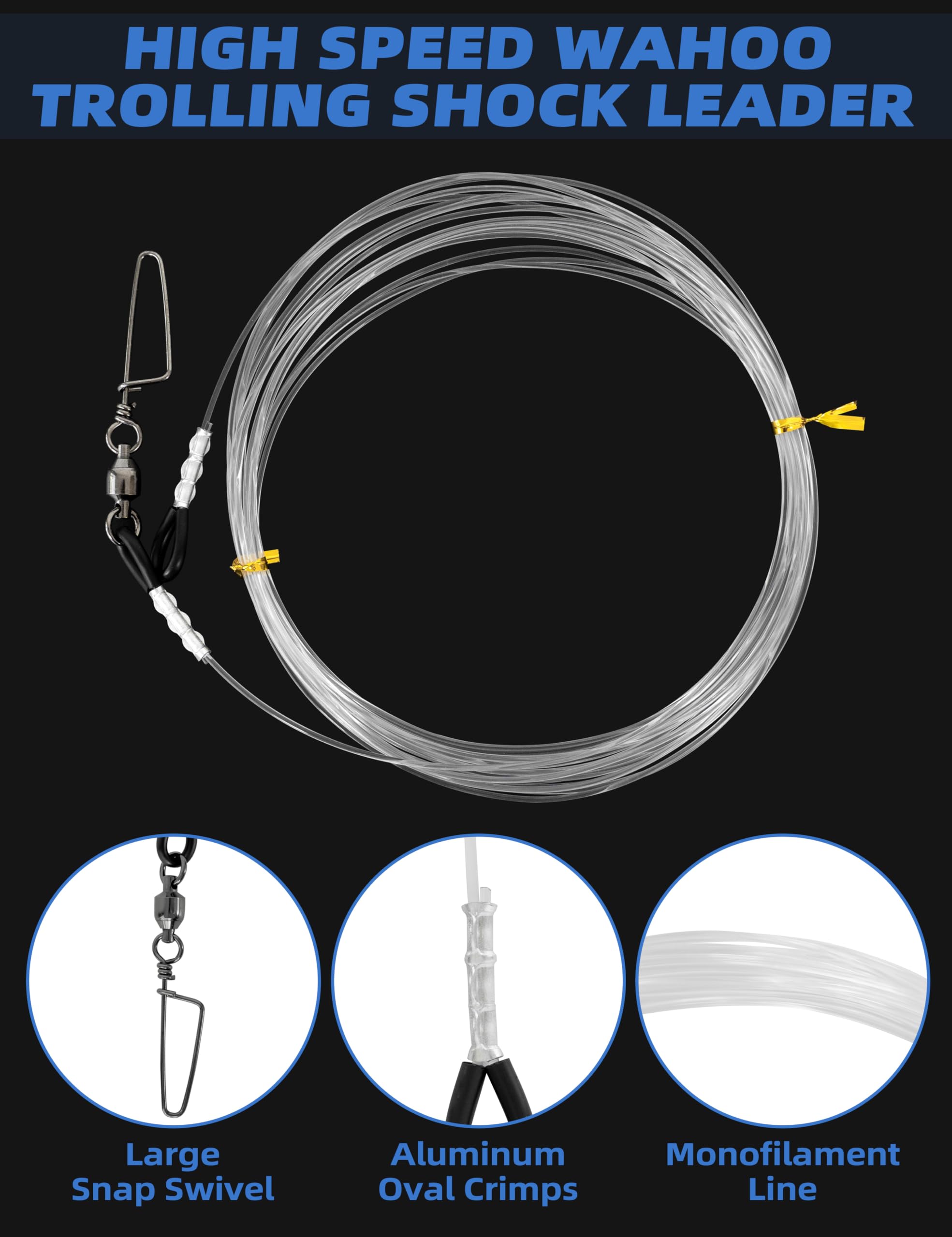 BLUEWING High Speed Wahoo Trolling Shock Leader with 25ft 250lb Mono Line and Stainless Steel Large Snap Swivel for Saltwater Fishing