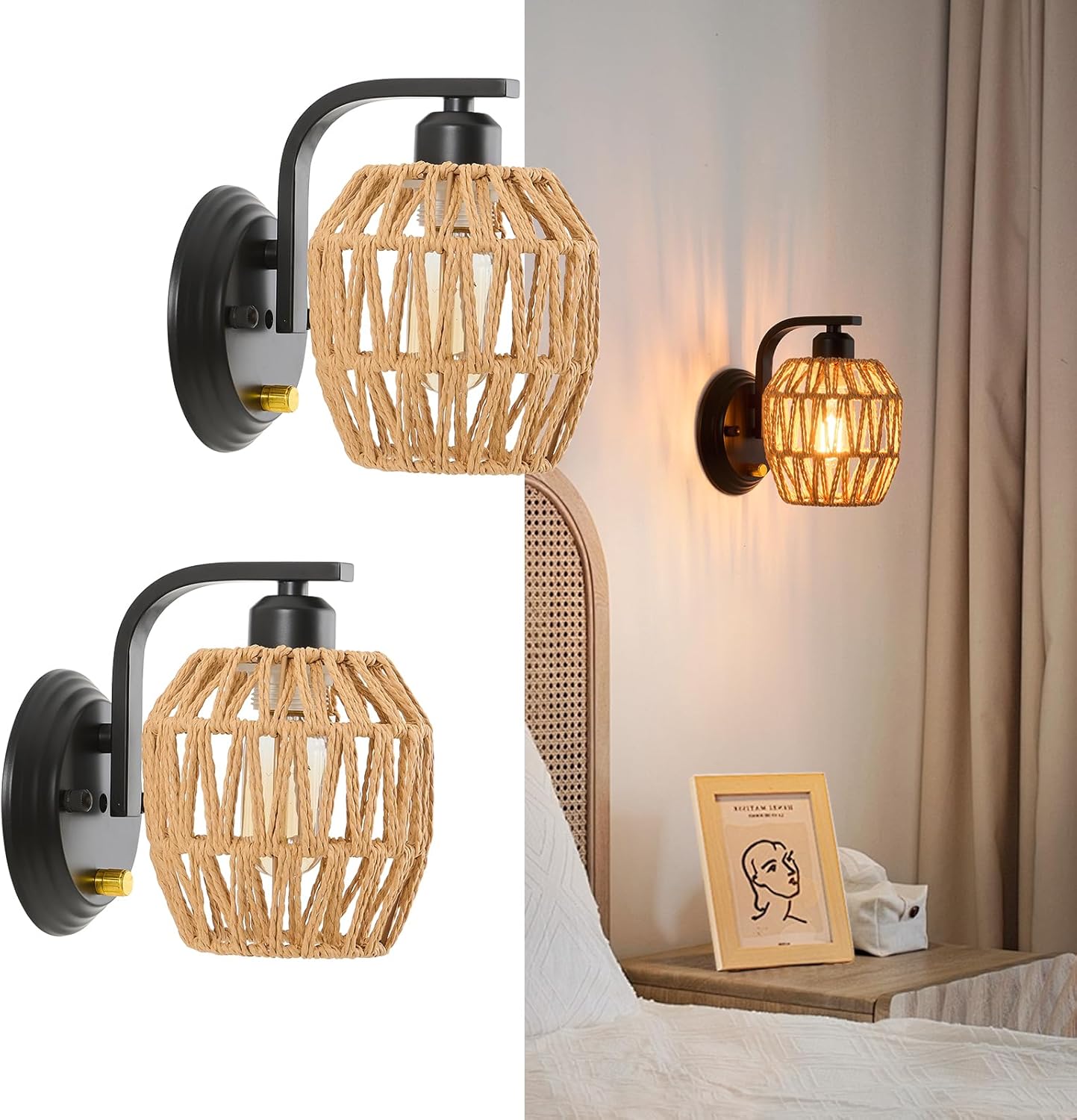 Boho Rattan Wall Sconces Set of Two On/Off Dimmable Switch Bedside Wall Lamp Hardwired Hand-Woven Farmhouse Wall Sconce Indoor Wall Lights for Bedroom Bathroom Living Room, E26 RattanA
