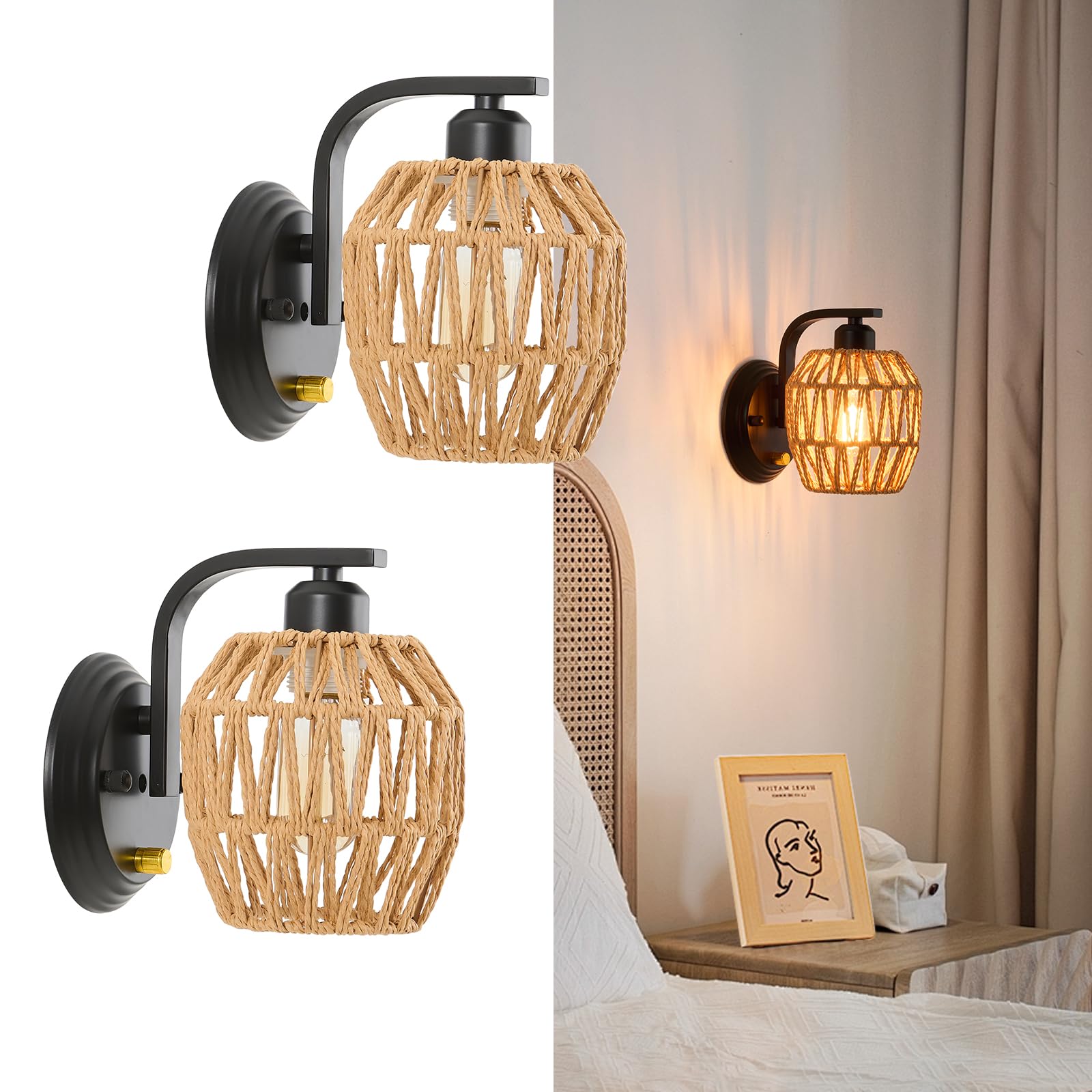 Zswanbei Boho Rattan Wall Sconces Set of Two On/Off Dimmable Switch Bedside Wall Lamp Hardwired Hand-Woven Farmhouse Wall Sconce Indoor Wall Lights for Bedroom Bathroom Living Room, E26