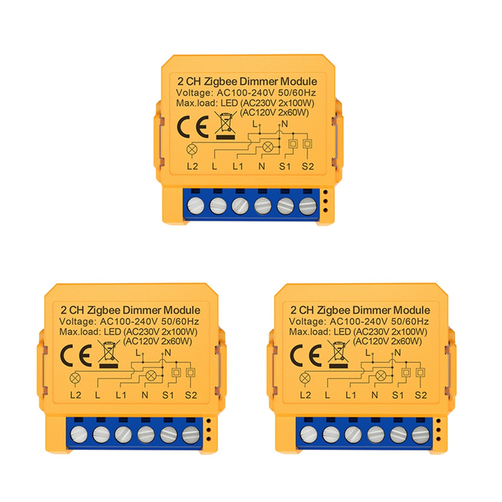 Jnchdghwa Yellow 3X Tuya Zigbee Smart Dimmers Switch Module 2Ch Control Led Lights Dimmable Switch Stepless Dimming+Voice Control