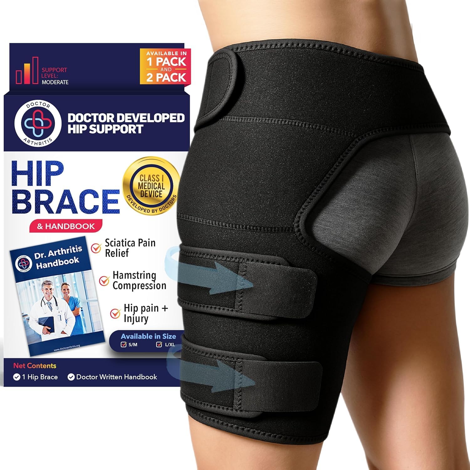 Doctor Developed Strengthening & Stabilizing Hip Brace for Men & Women Hip Brace for Sciatica Pain Relief Compression Wrap for Hip Pain Hip Support Brace With Medical Handbook (S/M, Black)