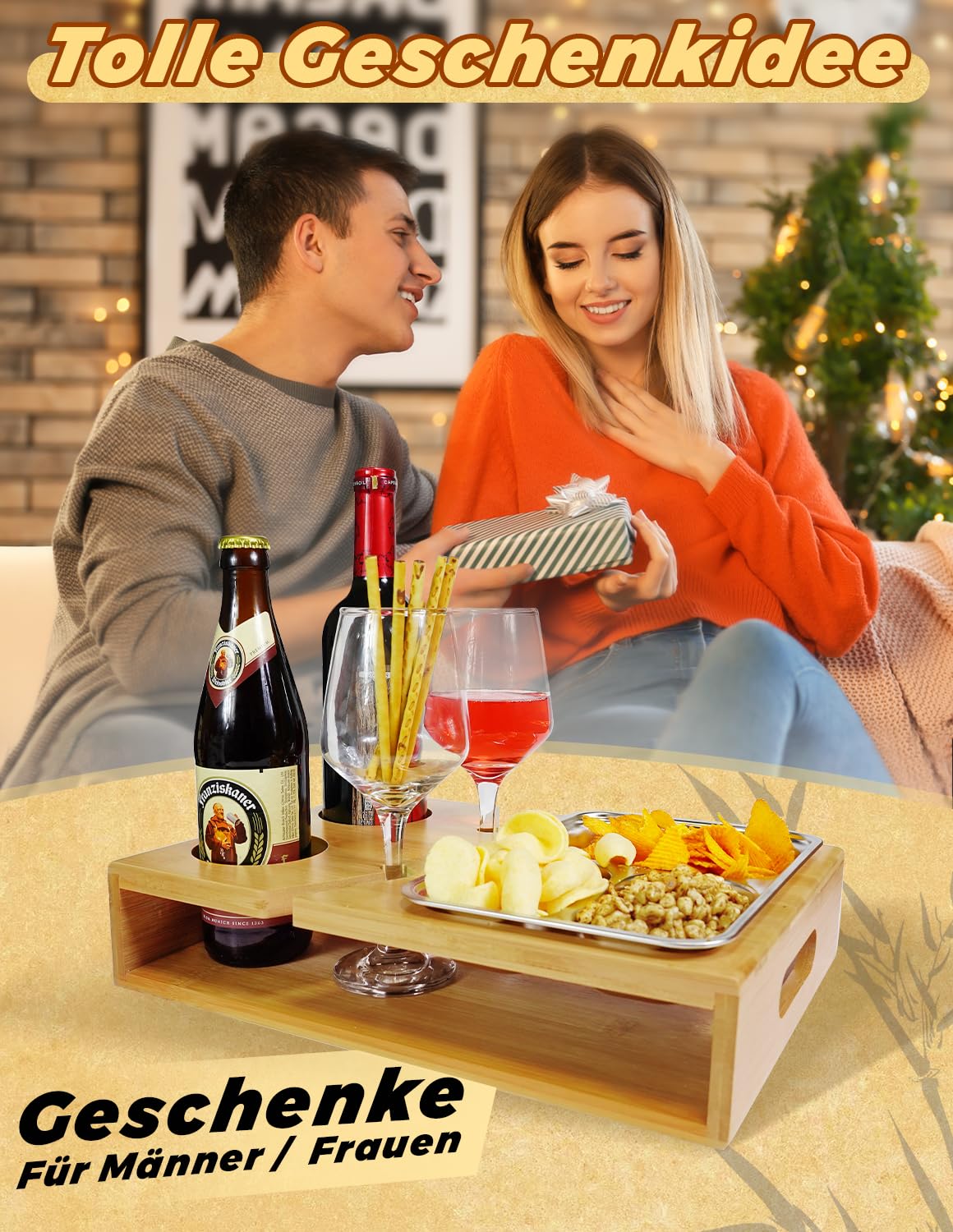 BuntWunder Couchbar, Snackbox Sofatablett, Couch Bar mit Geschenkbox, Snackspender mit Snackschale, Getränkehalter Flaschenhalter, Snackbar Organizer Abnehmbarer Deckel für Sofa (Schwarz