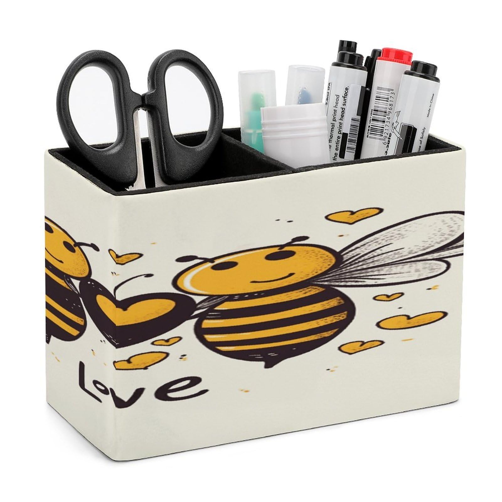VstaDank Bee Love Honey Pen Holder Double Compartments Pen Cup Fashion Makeup Brush Holders Leather Pencil Holder for Work Locker Accessories Modern Pencil Cup for Desk Organizer