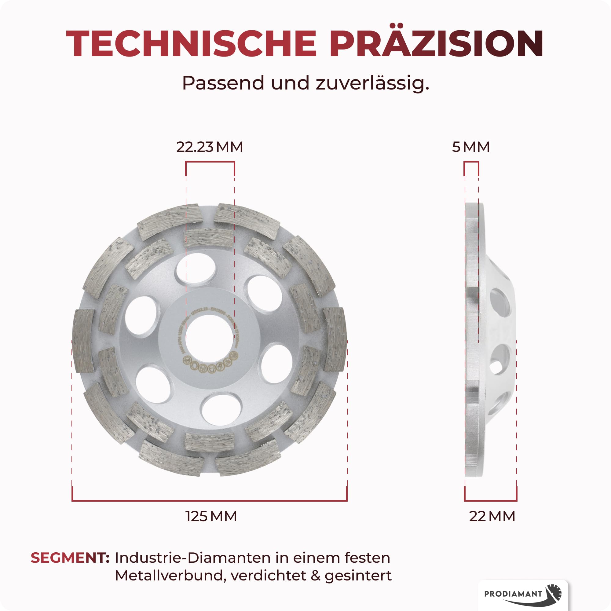 PRODIAMANT Premium Diamant-Schleiftopf 125mm Beton universal 125 mm x 22,2 mm Betonschleifer doppelreihig