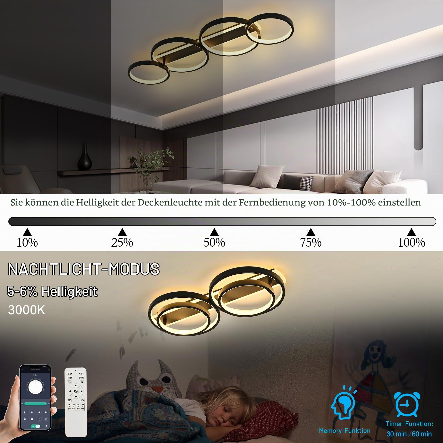 LED Deckenlampe,Einstellbar Ringform Wohnzimmerlampe 4 Flammig mit unteres Glühen,60W Dimmbar Mit Fernbedienung Deckenleuchte,3000K-6000K Kronleuchter für Schlafzimmer Wohnzimmer Büro,Schwarze 86cm