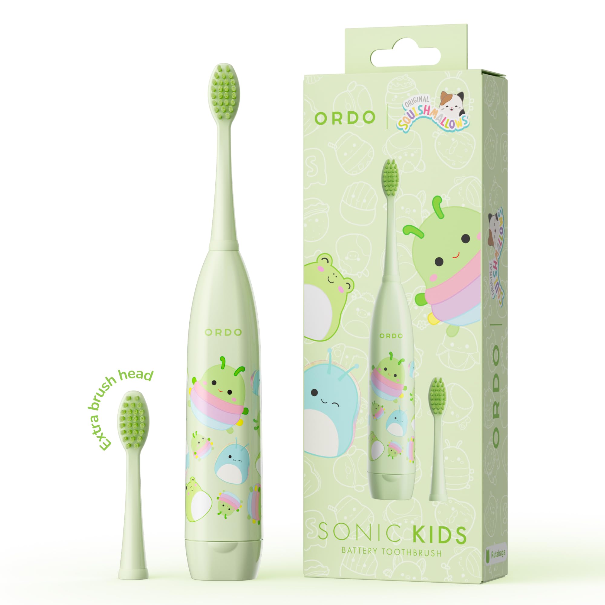 Ordo Sonic Squishmallows Brosse à dents sans fil pour enfant, poils souples, tête de brosse supplémentaire incluse dans la livraison, cadeau pour les enfants à partir de 4 ans Rutabaga