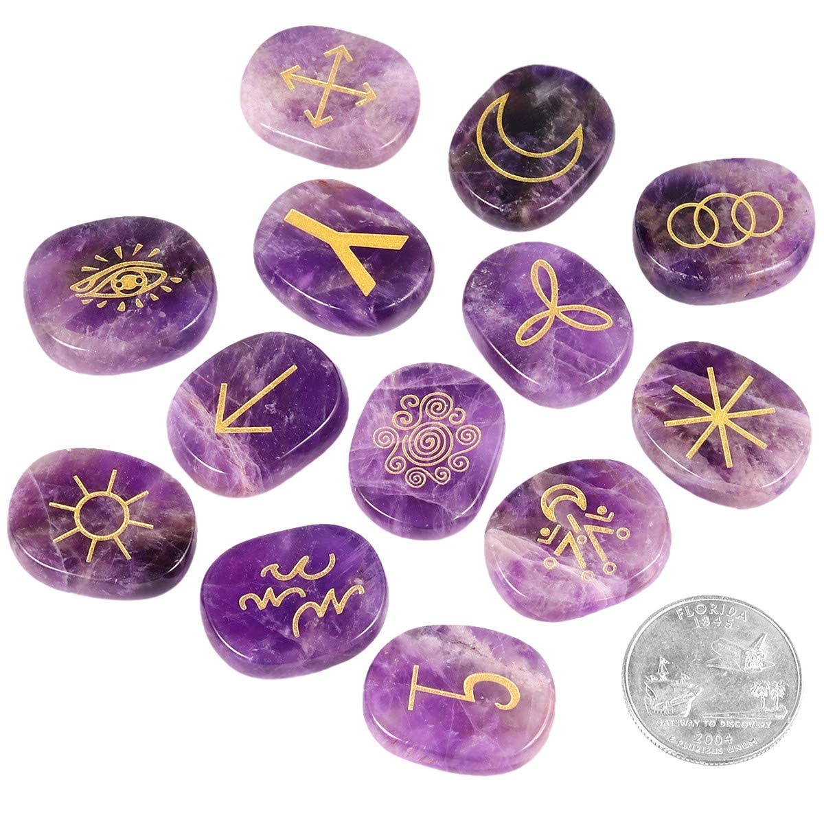 KYEYGWO 13pcs Améthyste Pierre de Rune pour Divination Décoration Méditation, Reiki Pierre Précieuse Gravée Symbole Runique Cristaux