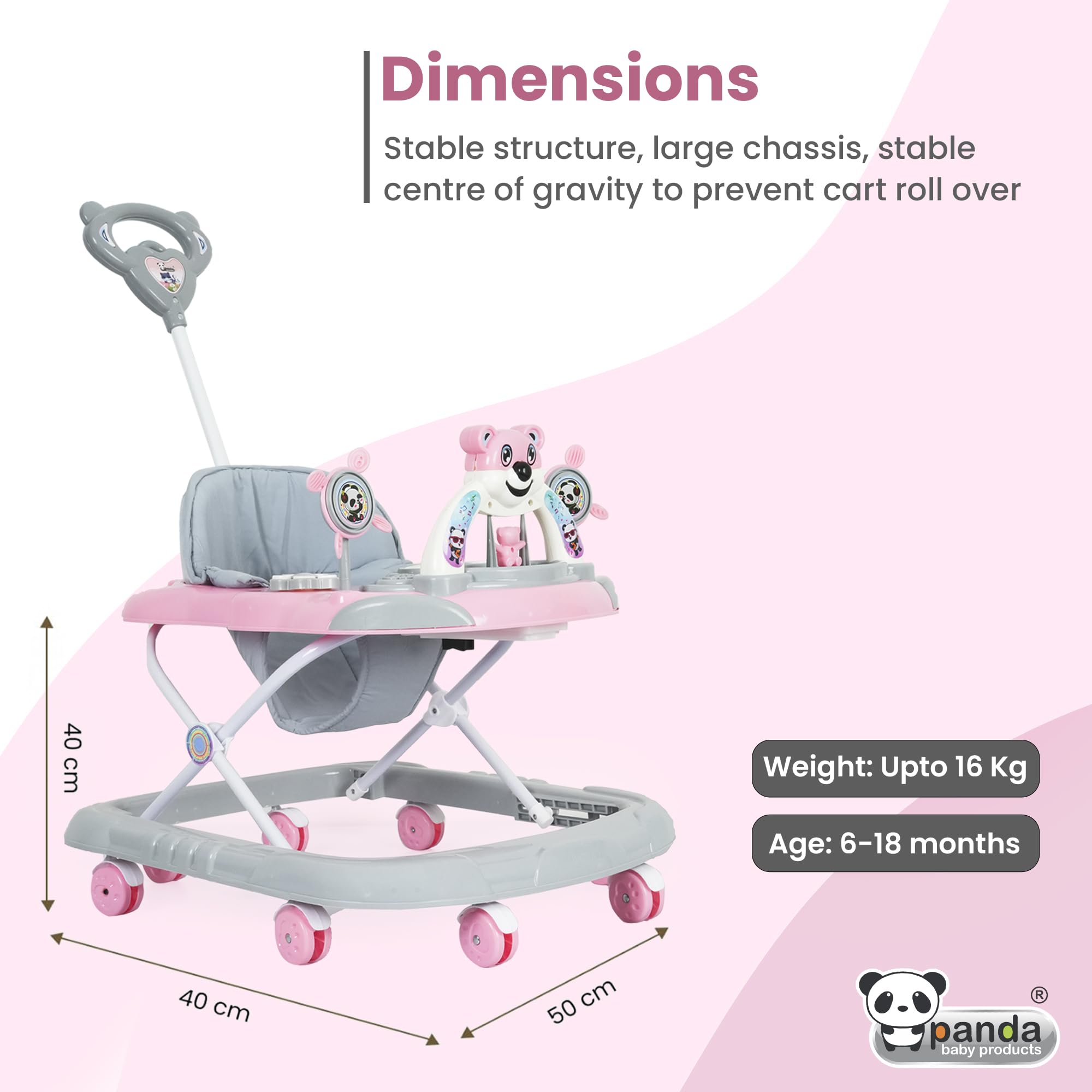 Panda Baby Products Baby Walker with Musical Toy Bar Rattles and Activity Toys Pink Colour 3