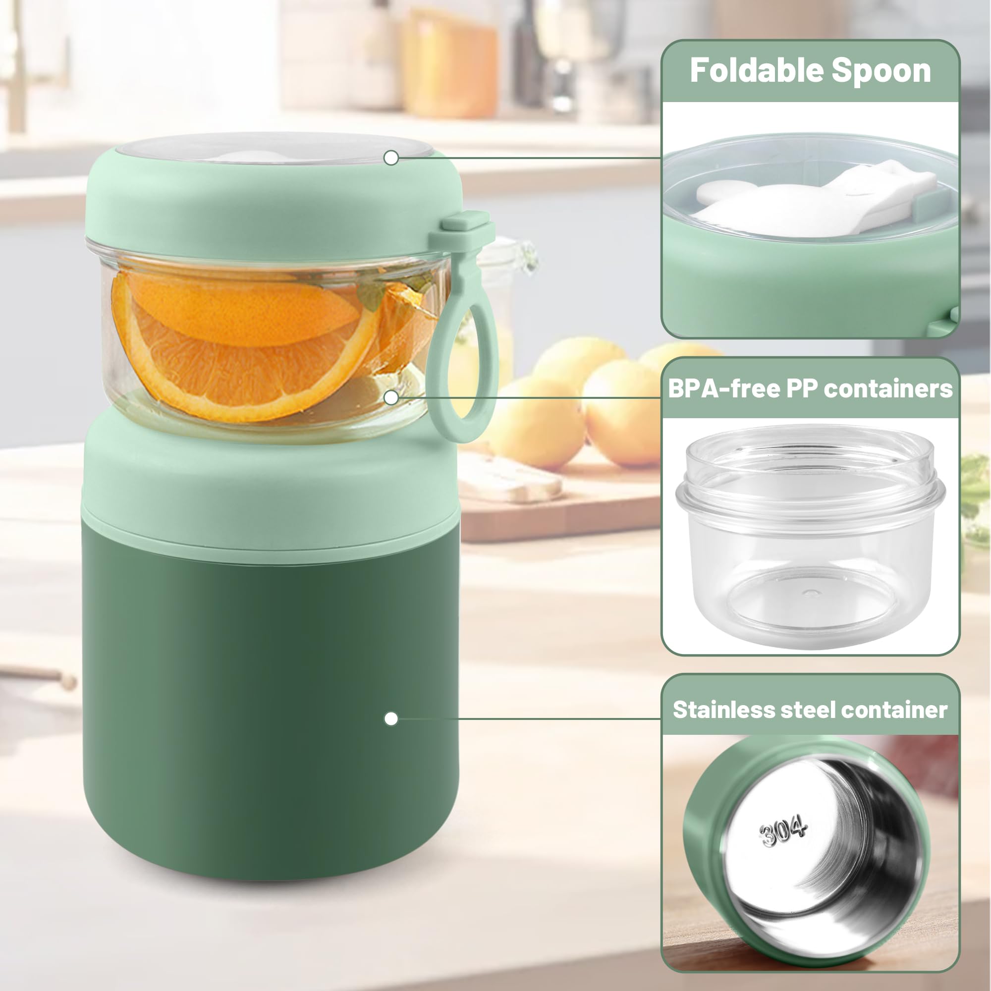 Acasimo Gobelet Céréales 2-en-1 Inox 860 Ml – Avec Cuillère Pliable, Anti-Fuite, Blanc
