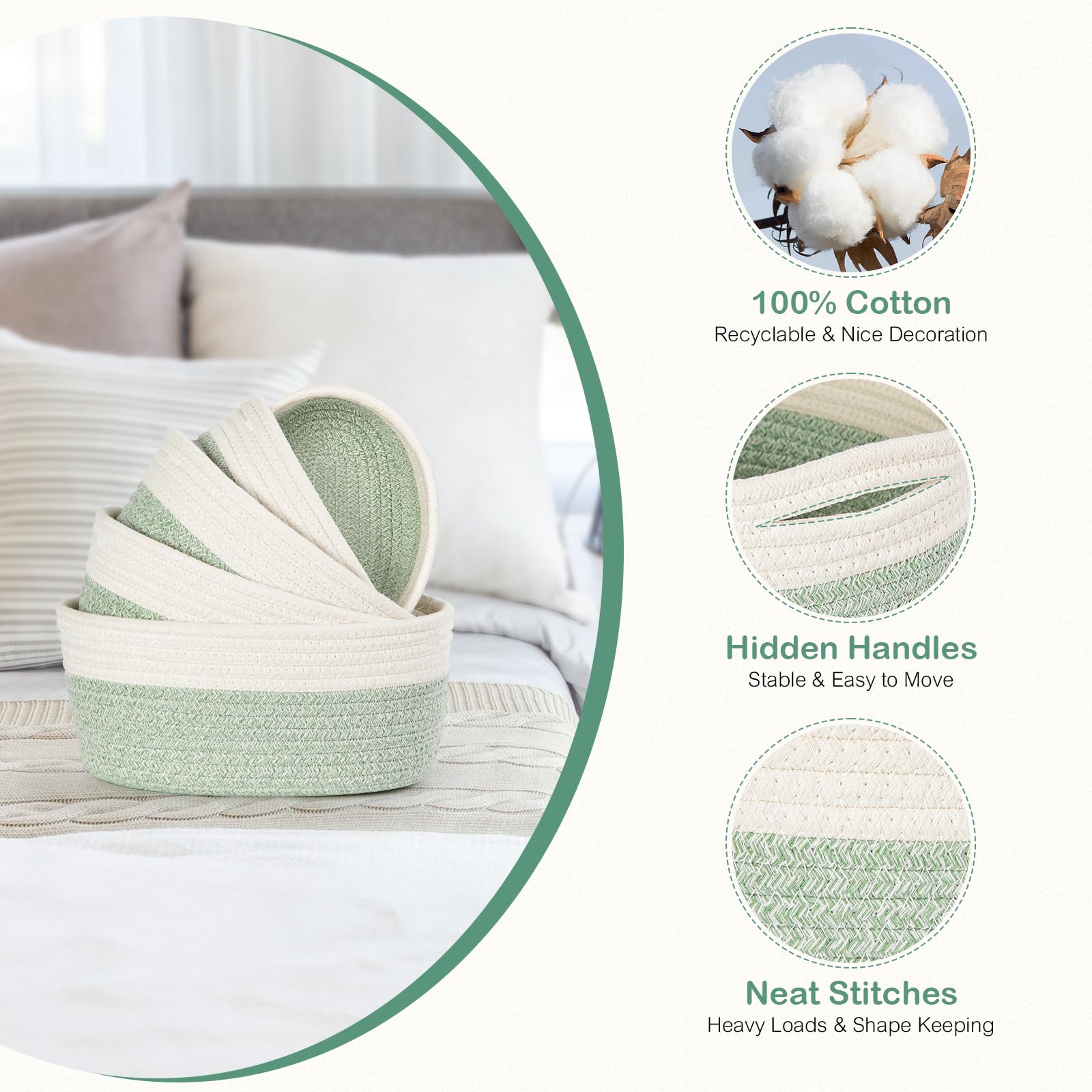 Juego de 5 Cestas Almacenaje de Cuerda de Algodón, Cestas Organizadoras Baño, Cesta Juguetes Bebe, Cesto Toallas Baño, Cajas Almacenaje Decorativas, Blanco & Verde