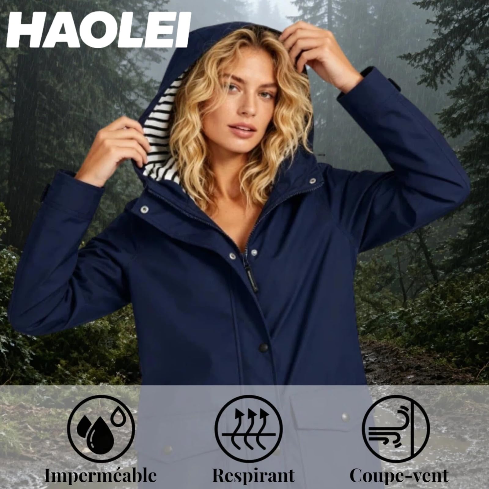 HAOLEI Veste ImperméAble Longue Pour Femme Parka Mi Saison Vestes à Capuche ZippéE Manteau De Pluie Coupe Vent Avec Poches Et Cordon Couleur Unie LéGèRe Manches Longues Blouson D'ExtéRieur Jacket