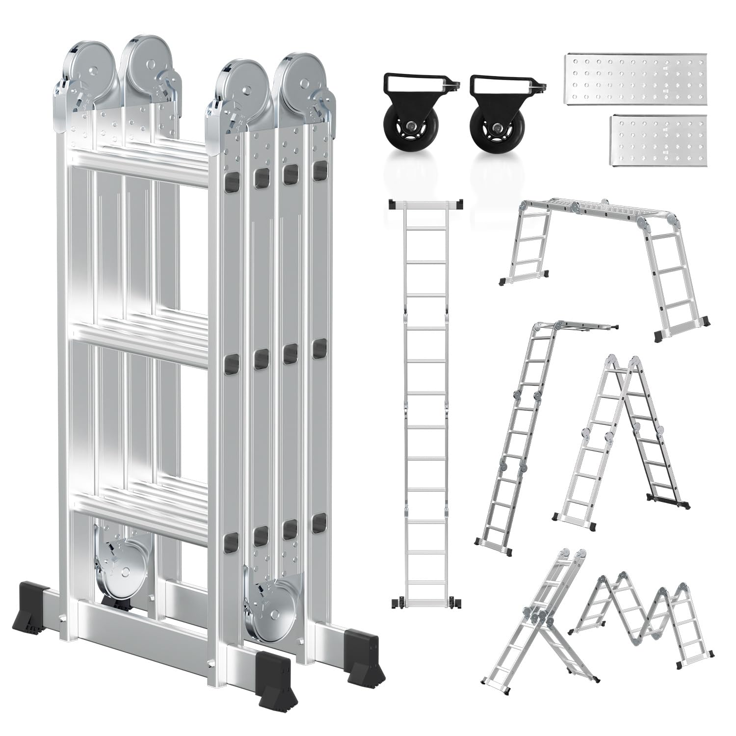 Escalera multiusos 4x3 multifunción 7 en 1 360 cm plegable aluminio 2 plataformas ruedas 12 peldaños 150 kg