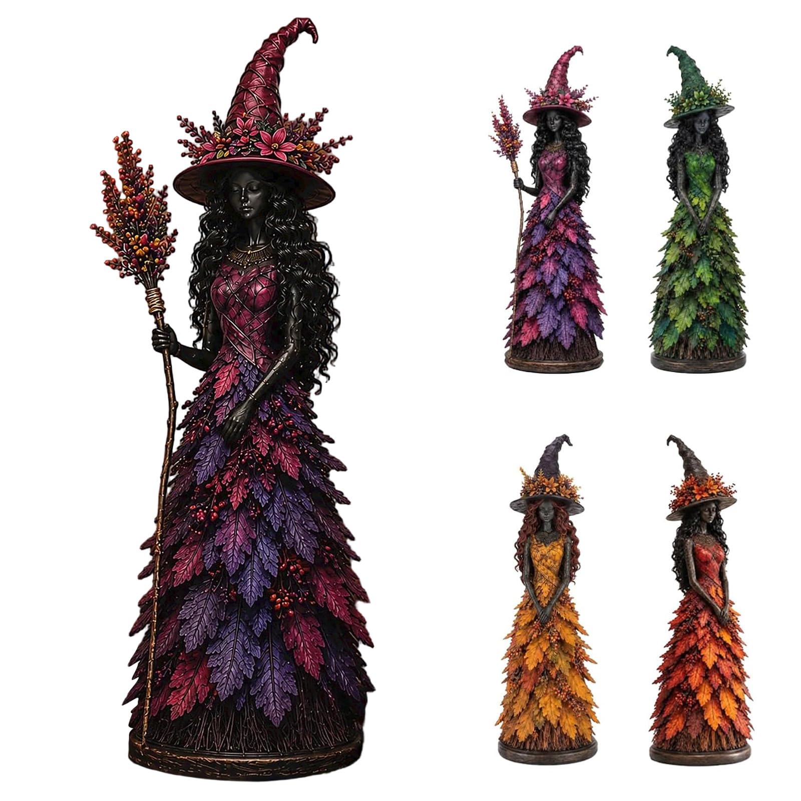 Enchanted Autumn Witch Figurine with Leaf Gown Resin Statue, Halloween & Thanksgiving Christmas Day Gifts, Mantel Shelf Display, Pointed Hat Design, Tiered Tray Tabletop Decor (Purple, L)