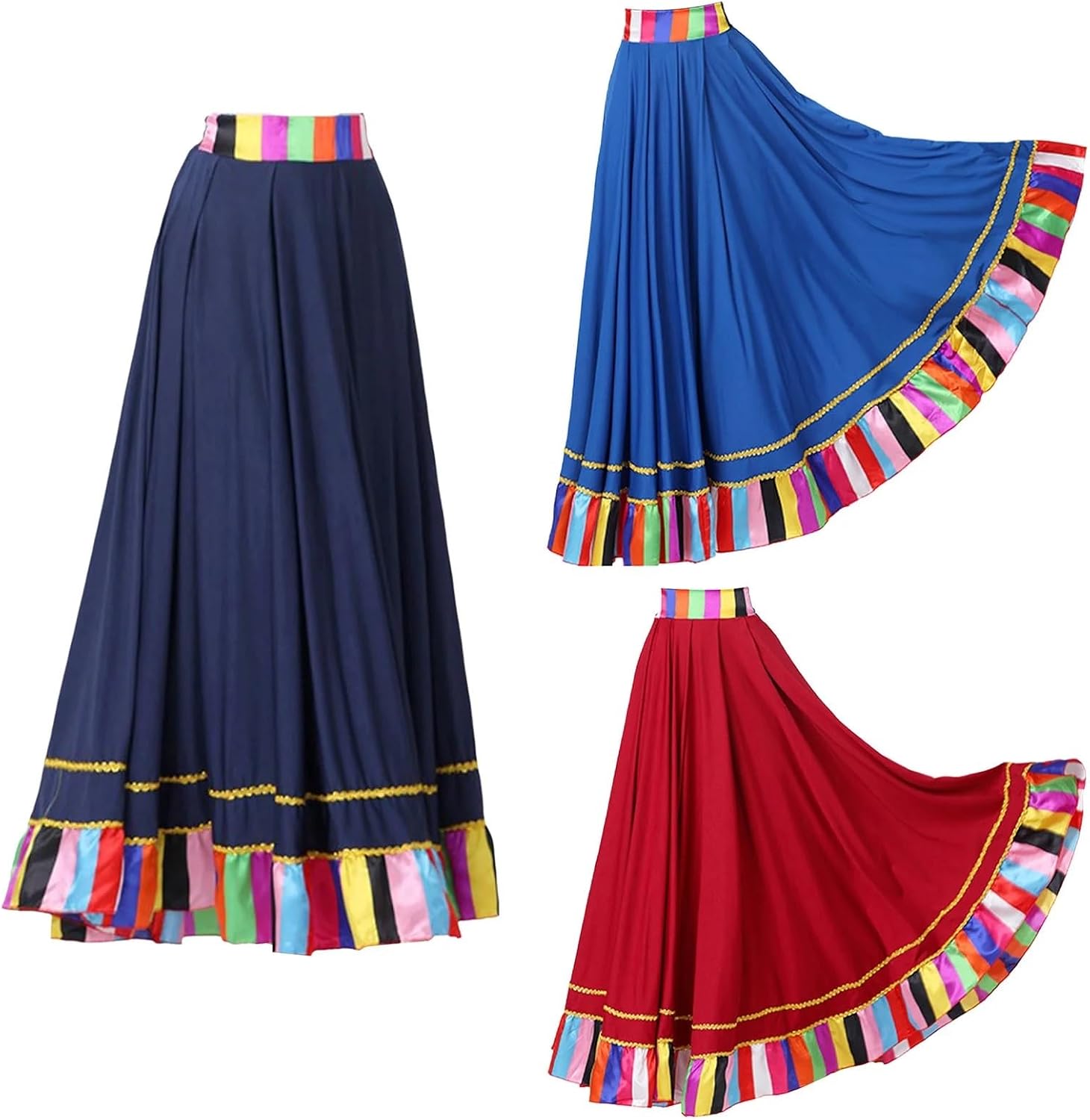 Belly Dance Skirt Womens Folk Dance Skirt Big Swing Long Skirts Ruffled Flared Maxi Skirts for Dance Performance Costume(Deep Blue,95cm)