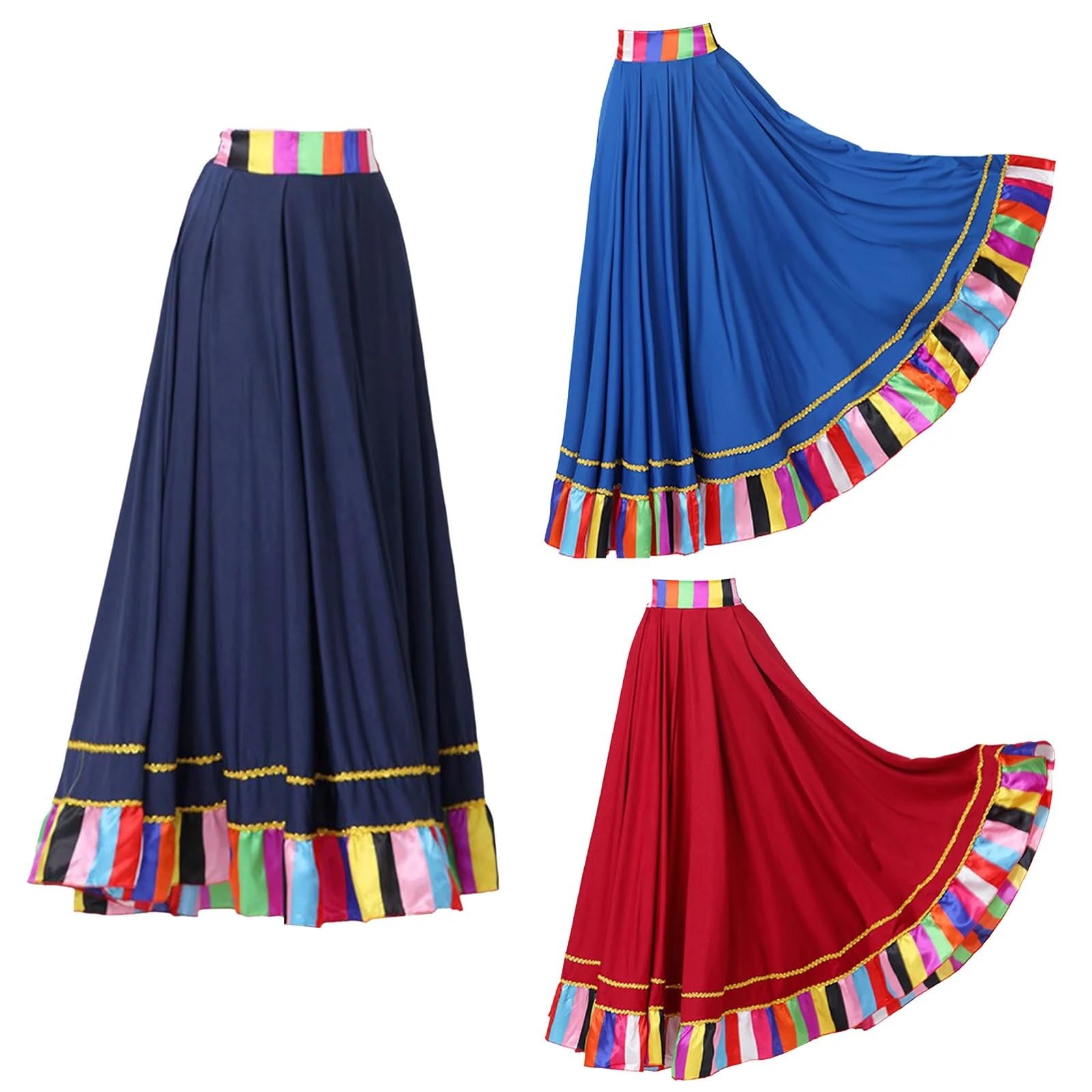 Gonna da donna per danza folk, gonna lunga svasata con volant, maxi gonna per danza