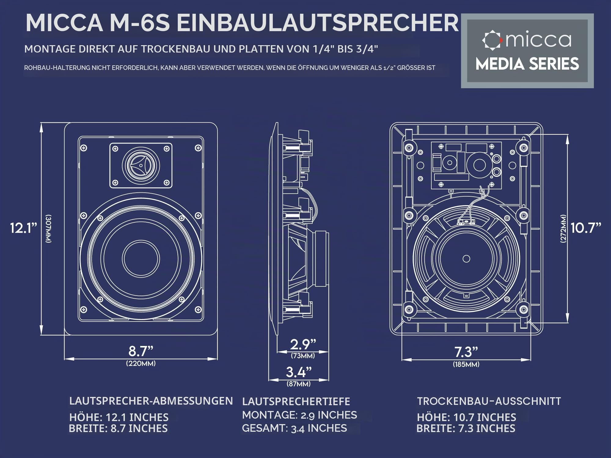 Micca M-6S 2-Wege Wandeinbaulautsprecher, 18,5 B x 27,2 cm H Ausschnitt, 16,5 cm Tieftöner, 2,5 cm Hochtöner, weiß, lackierbar, für Heimkino, Innen und überdachte Außenbereiche, einzeln