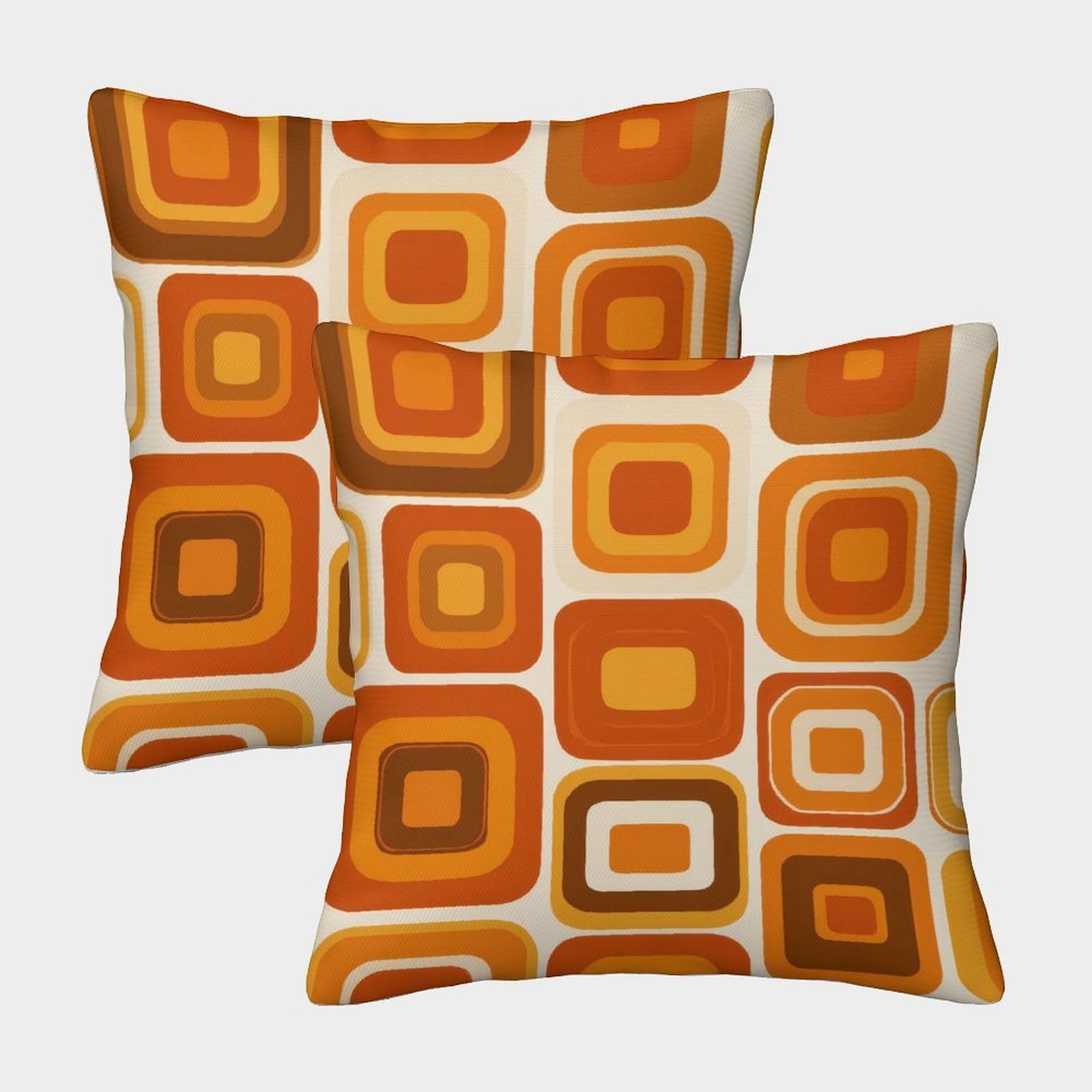 Felasbuid Style-11 Retro Square Pattern—Orange Geometric Design Pillow Covers 2 Pack Cozy Pillowcases Art Cushion Case With Zipper Decor For Couch Livingroom 40X40cm