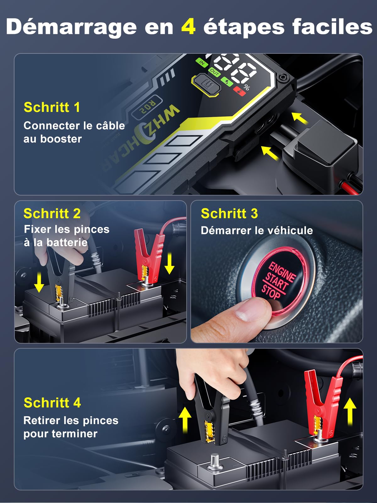 Booster Batterie Voiture 8000A Démarreur Batterie Portable（Jusqu'à Tous GAS/10L Diesel） Jump Starter 12V avec Pinces de Sûreté Intelligentes,LED，Grand Ecran d'affiche