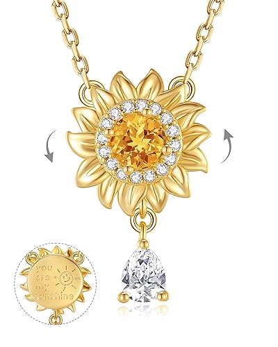 FANCIME Sunflower necklace Sterling Silver Yellow Gold Plated Spinning Anxiety Pendant for anti-stress, You Are My Sunshine Fidget Rotatable Jewelry Birthday Christmas Gifts for Women Wife Her