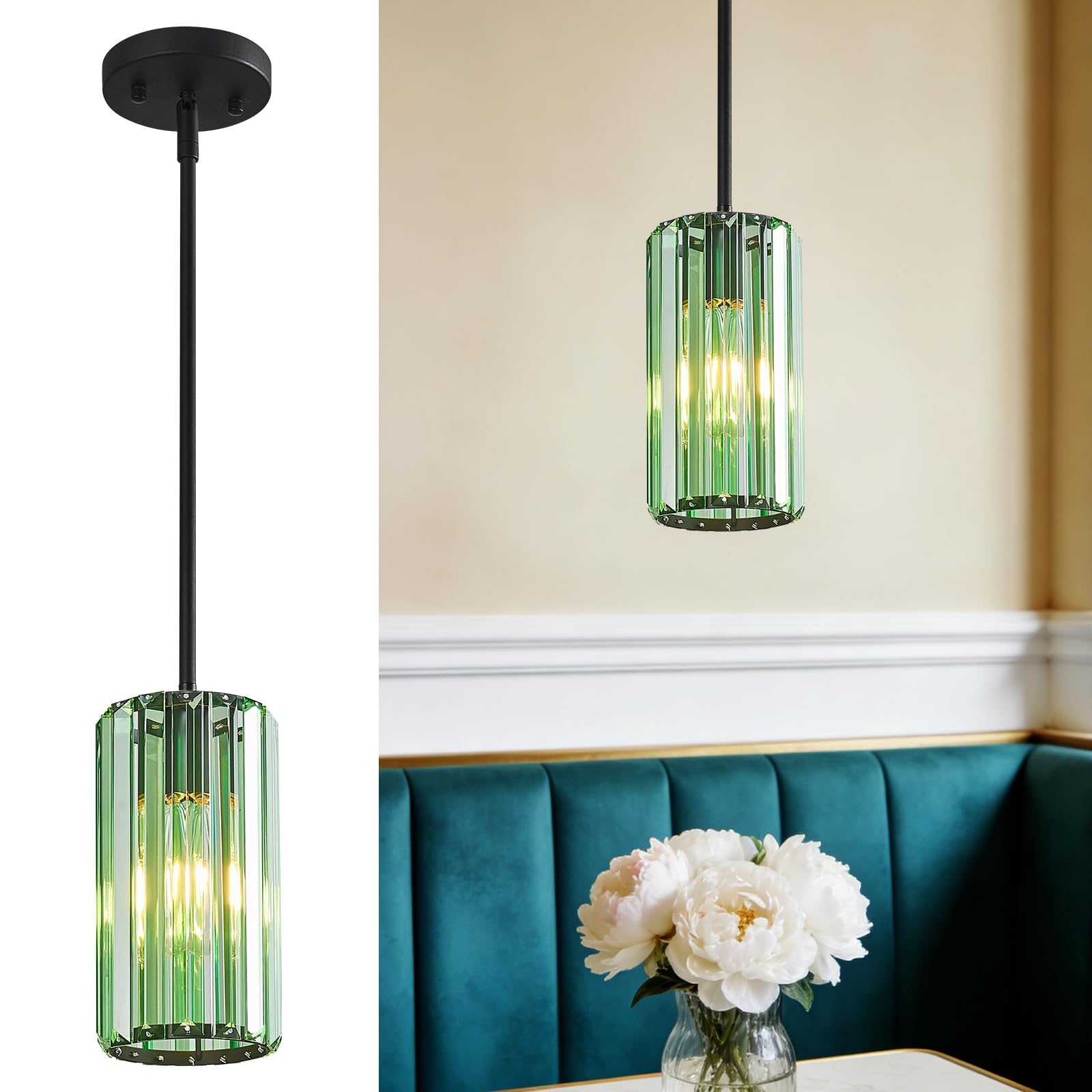 Modern Crystal Pendant Light Mini Light Green Chandeliers Adjustable Pendant Lights Fixture for Kitchen Island Dinning Room Corridor Bedroom(Light Green 1-Pack)