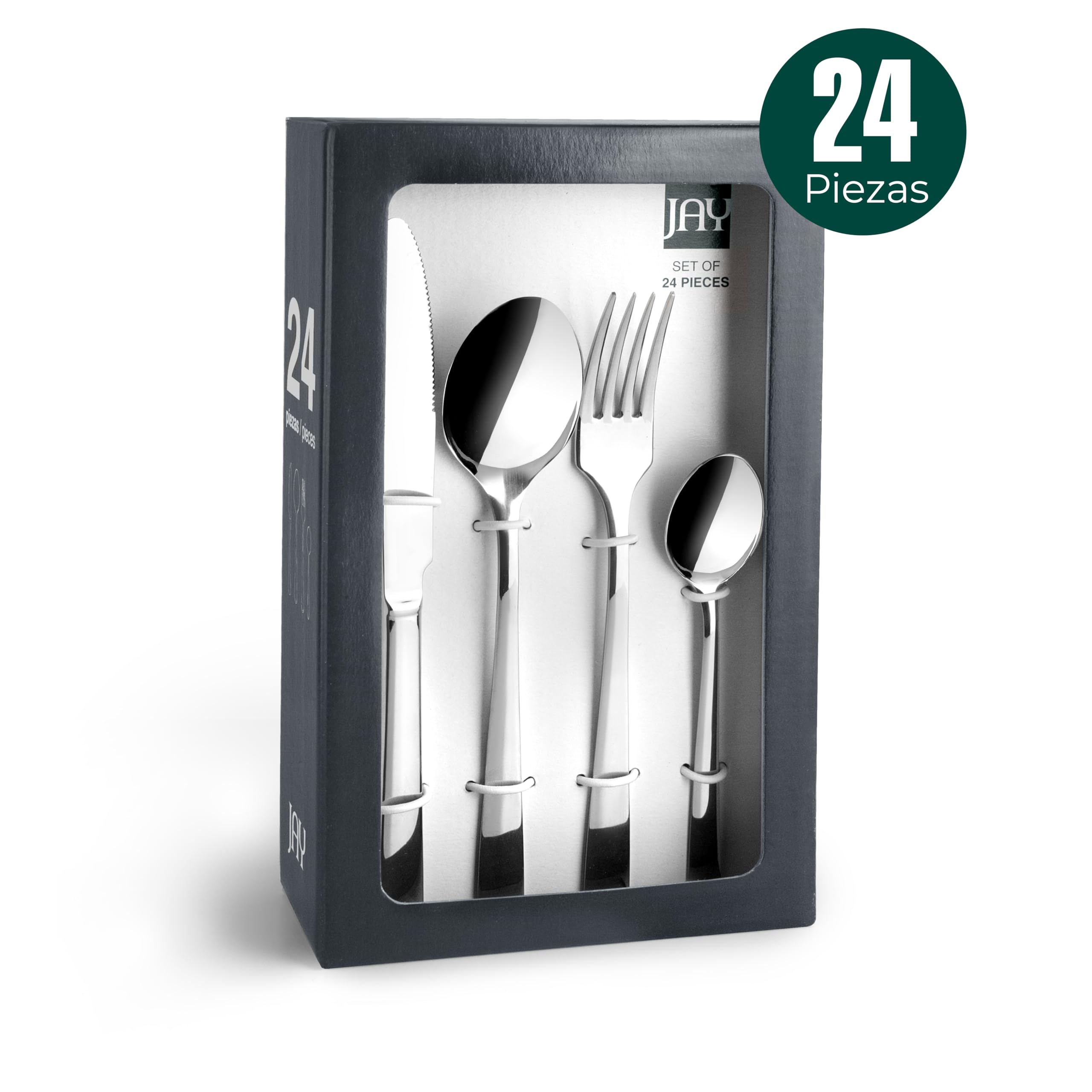 JAY - 16091524 - Juego de Cubiertos para 6 Personas, Pack 24, Acero Inoxidable 18/10, Serie Titanio, Grosor 3 mm, Cuchara, Tenedor, Cuchillo y Cucharilla Aptos para Lavavajillas, Plateado