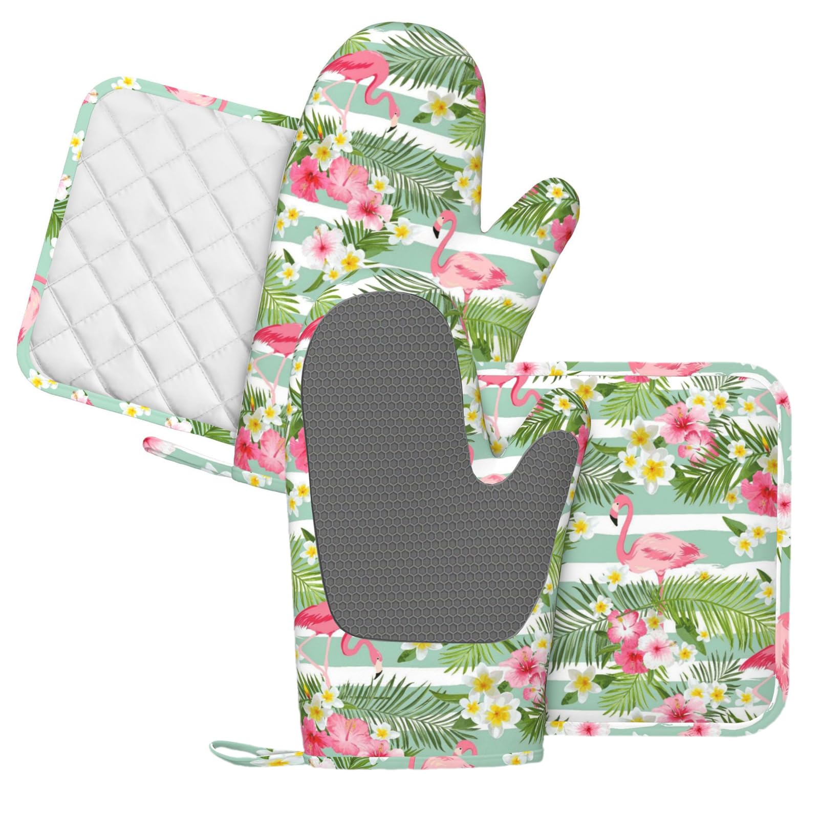 Lot de 4 maniques et maniques flamant rose | Moufles de cuisine en silicone motif feuilles tropicales vertes rayées roses pour cuisine, chef, grillades