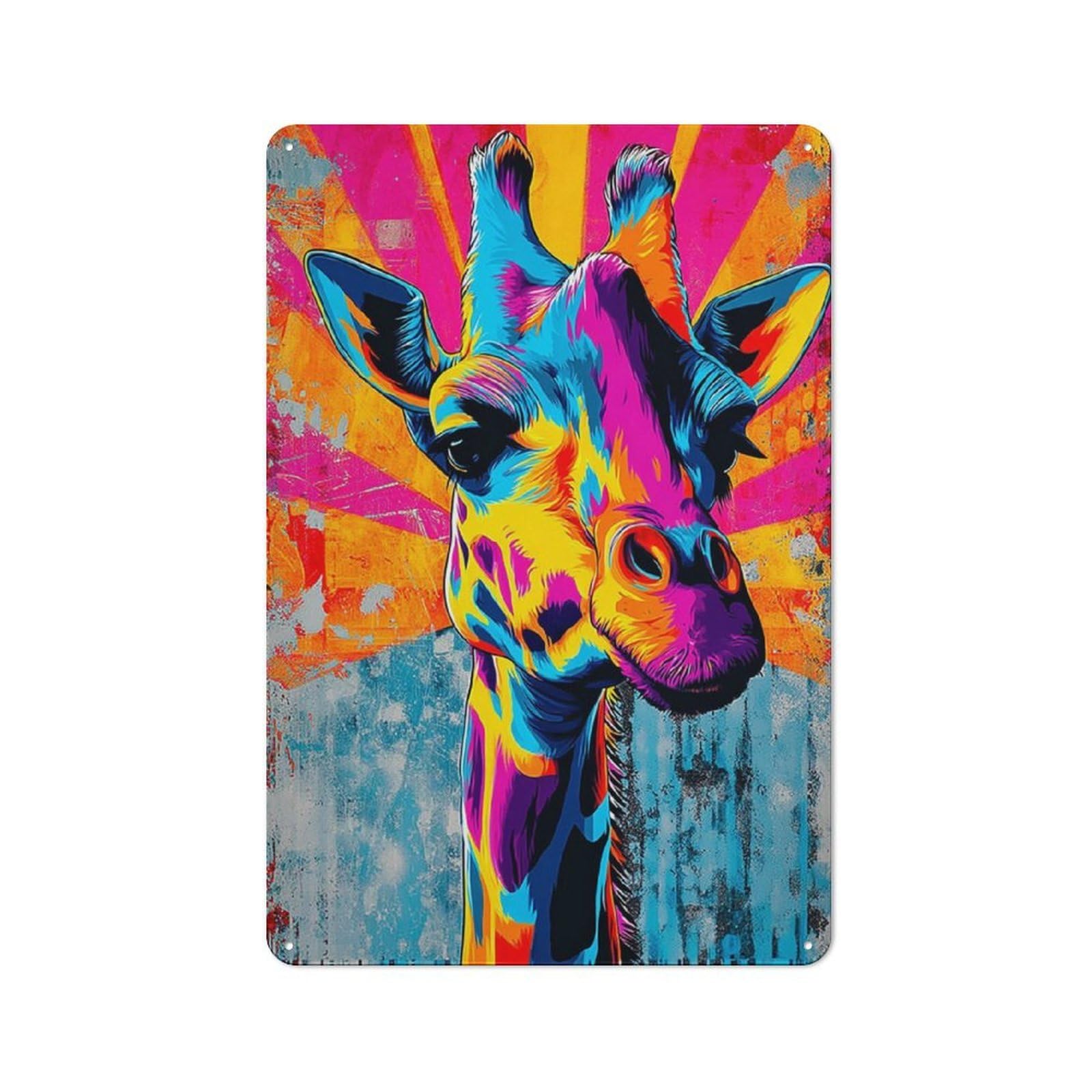 Metal Wall Sign with Colorful Giraffe Pop Art Design 30x20cm, Loft Style Studio Wall Art for Flat, Bar, Studio Or Gallery Wall