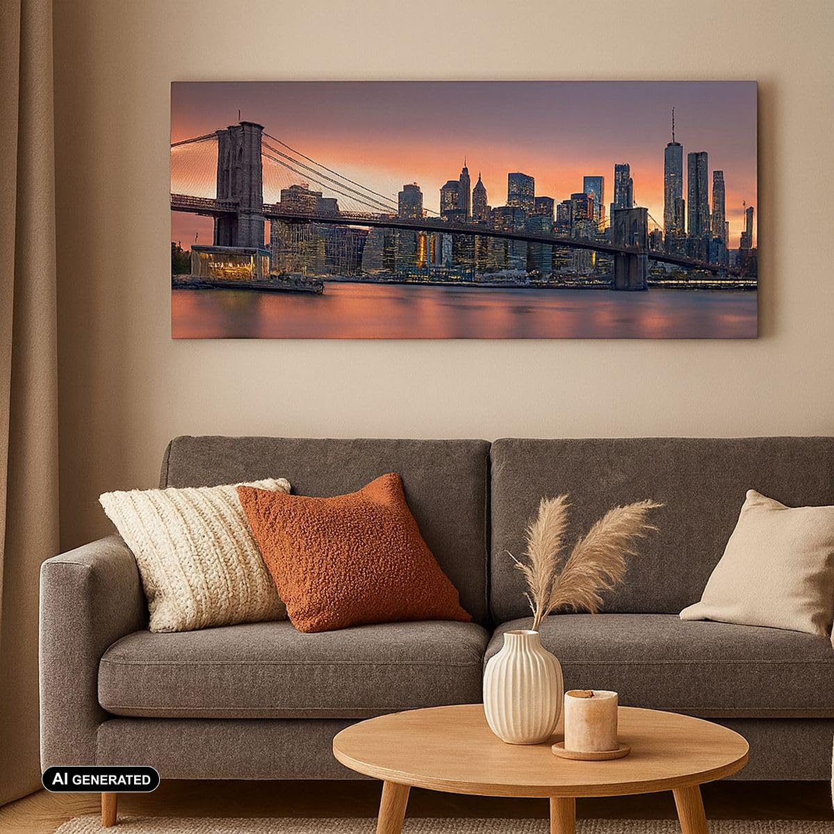ARTTOR Leinwandbild 140x50cm Wandbild Architektur Städte - 4048 | New York Brücke Nacht Panorama Groß XXL Wanddekoration Wohnzimmer Schlafzimmer Wanddeko Wand Kunstdruck Wandkunst ARTTOR