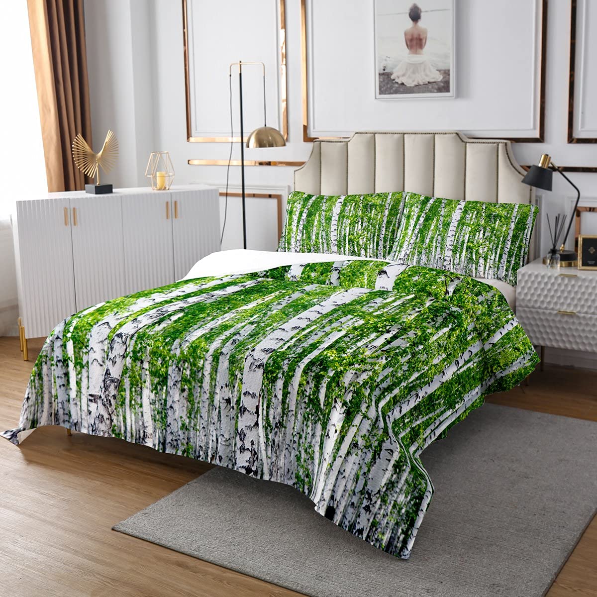 Erosebridal Birch Trees Quilted Fresh Green Leaves Bedspread Twin Size, Rural Landscape Coverlet Set Lush Botanical Bedspread Quilt Set for Teens Child, Green White
