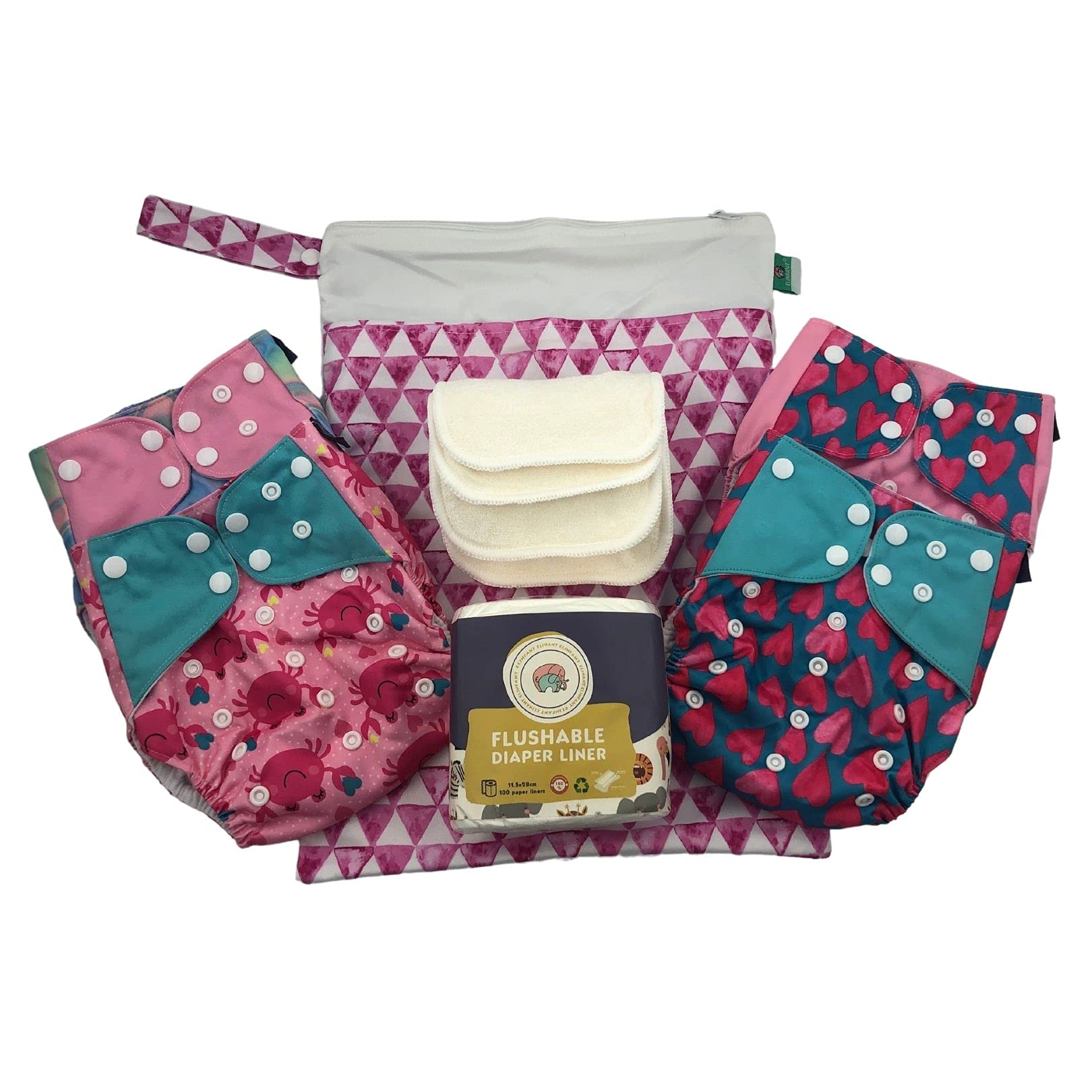 ELINFANT Cloth Diaper Bundle for Baby (Pink Heart) | 4 Pocket Cloth Diapers, 4 Bamboo Terry Inserts, 1 Roll of Bamboo Liners, 1 Wet Bag