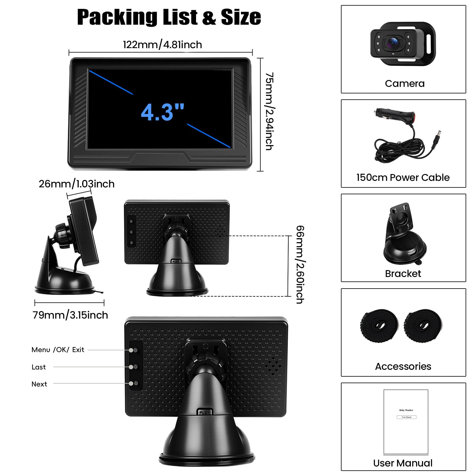 CAMECHO Baby Monitor con Poggiatesta e Schermo IPS da 4,3", HD 480P, Visione Notturna e Obiettivo Grandangolare – per la Sicurezza sul Sedile Posteriore dell'Auto
