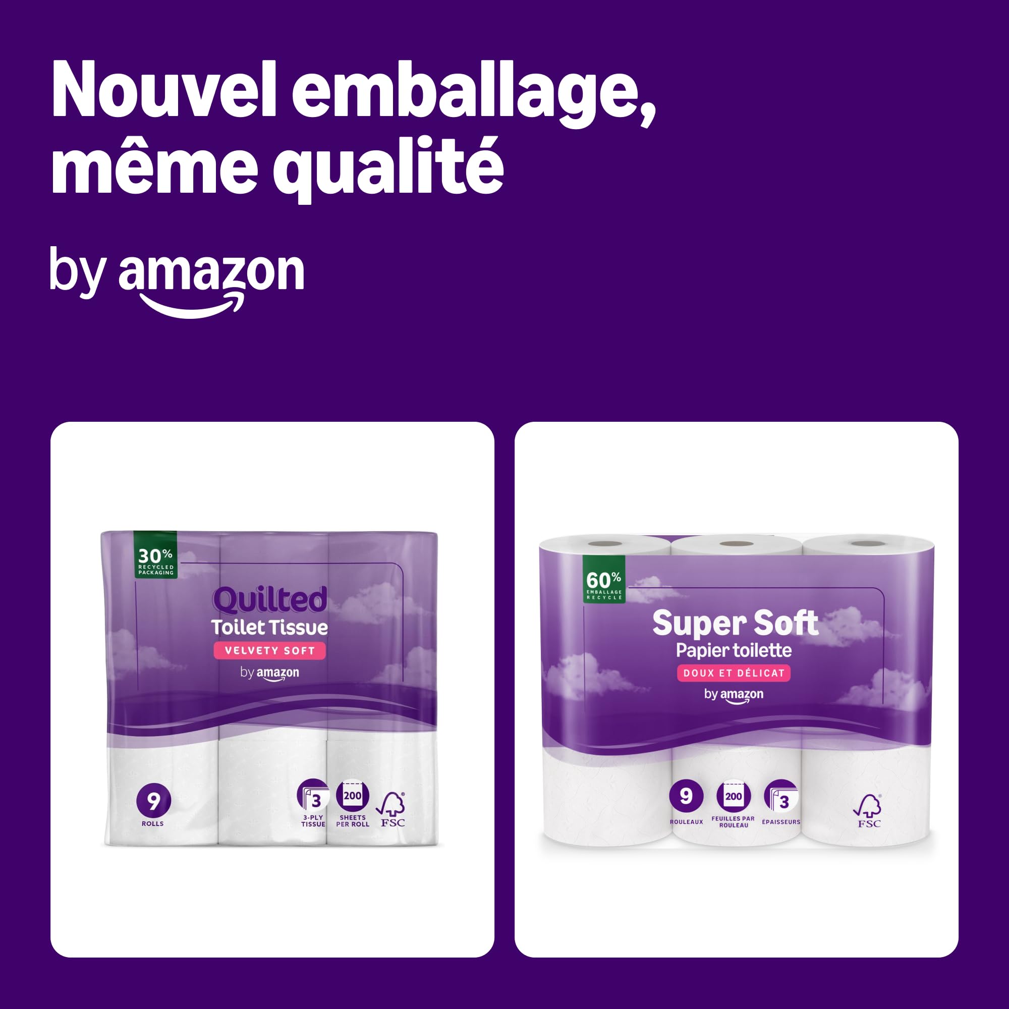 by Amazon Papier Toilette, 3 Épaisseurs Matelassé, Doux et Soyeux, 9 Rouleaux (1 Paquets de 9), 200 Feuilles par Rouleau, Certifié FSC - 2