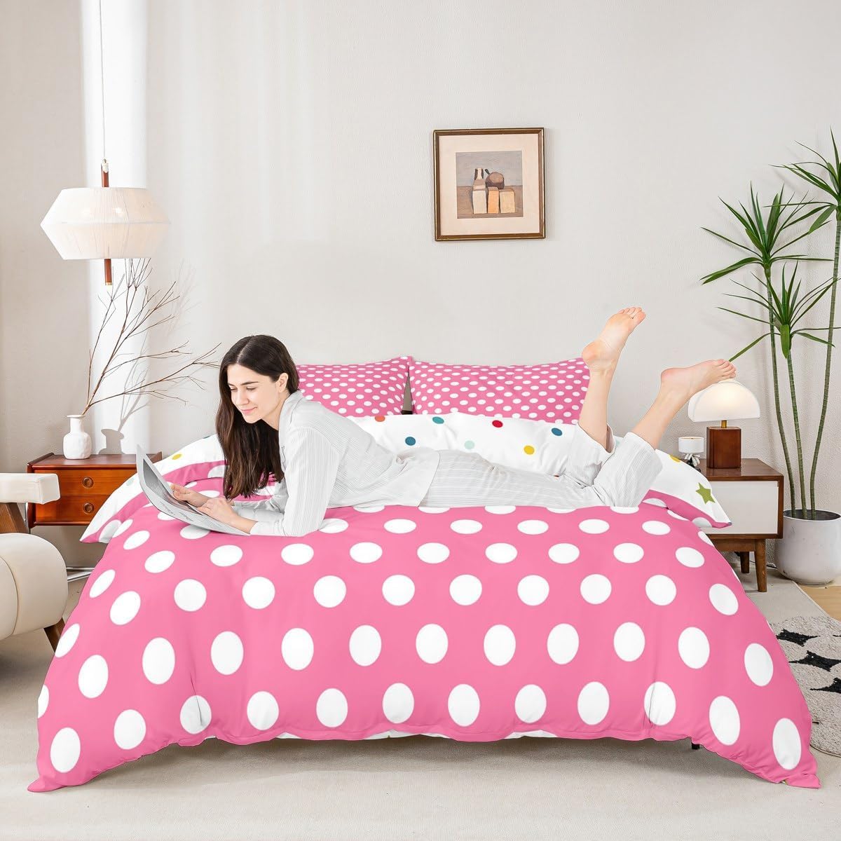 Juego de ropa de cama con diseño de lunares, color rosa y blanco, estampado geométrico, tamaño M, para niños y niñas, arte moderno y sencillo, incluye 1 funda nórdica de 155 x 220 cm y 1 funda de