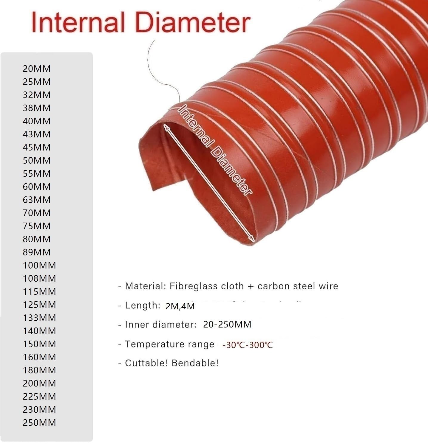 Tubo flessibile ad alta temperatura, 20-250 mm, tubo di ventilazione rosso per aspirazione, scarico, sfiato asciugatrice, HVAC, soluzioni per condotti dell'aria