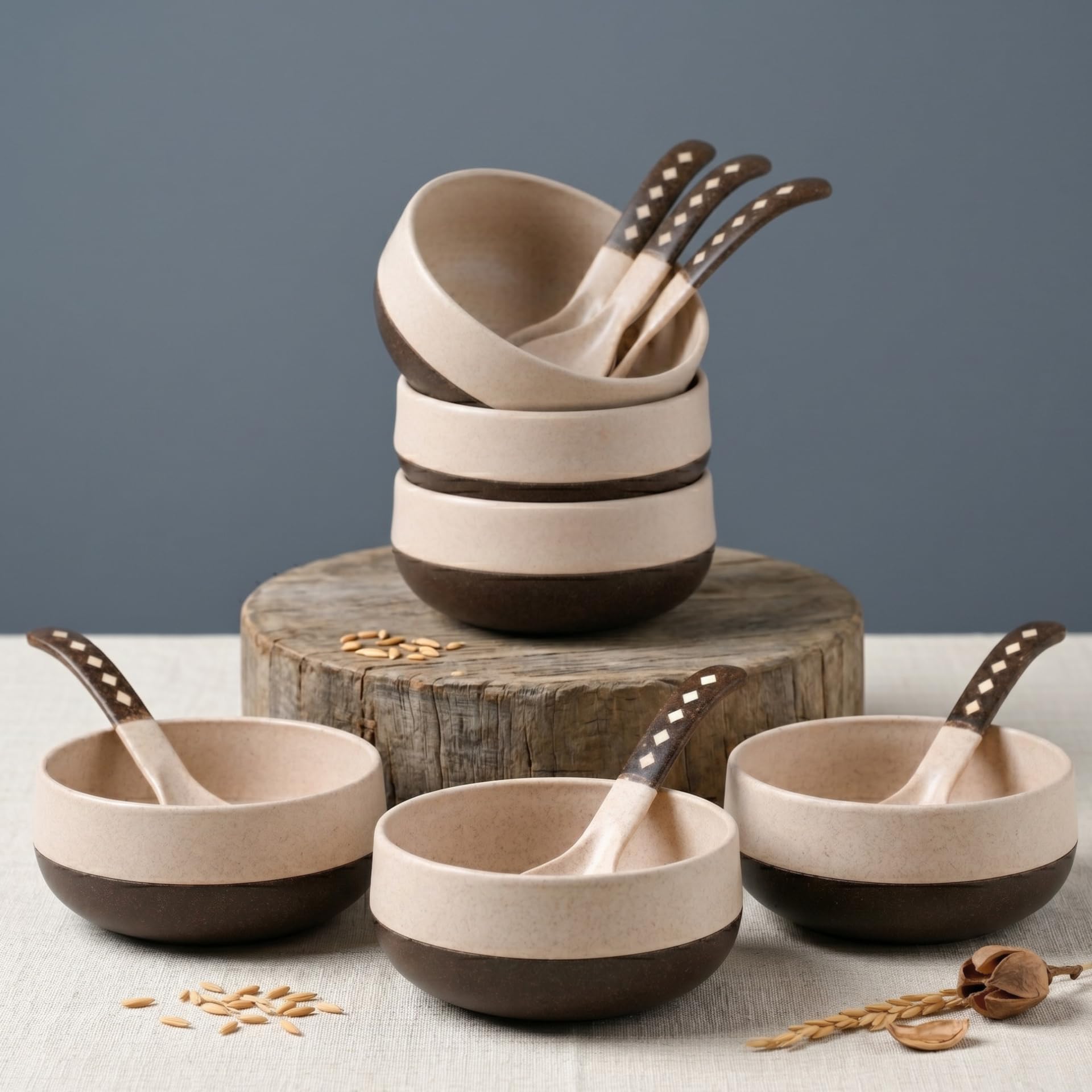 Eha Earth-Friendly Soup Bowls with Spoons Set of 6 | 250 ml | Made with Rice Husk Biocomposite | Microwave Safe Bowl | Serving Bowl Set | Coffee