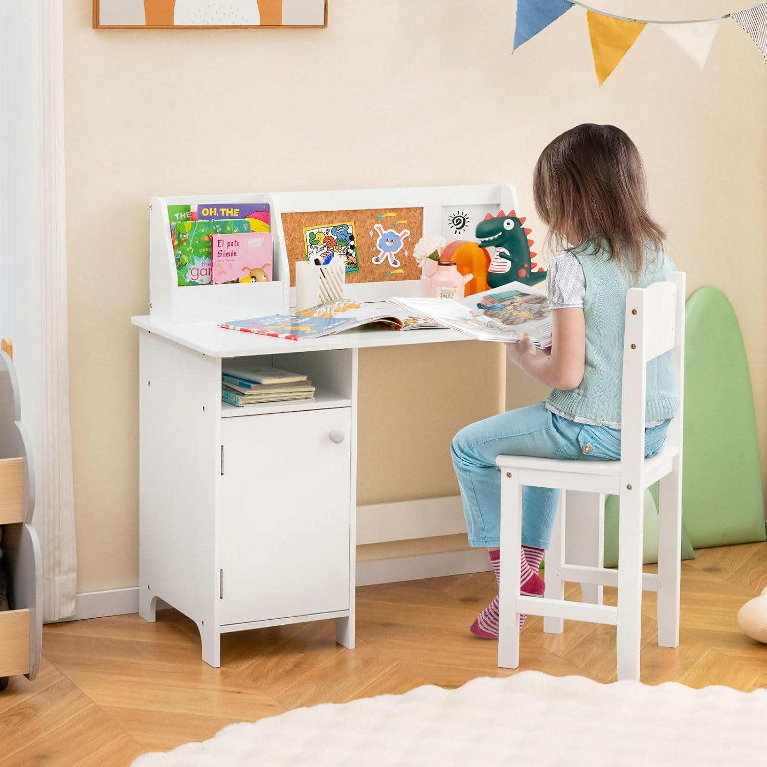 FANTASK Kinderschreibtisch Set, Schreibtisch Kinder mit Stuhl aus Holz, Schülerschreibtisch mit Bücherregal, Schrank & Pinnwand, Jugendschreibtisch für Kinder ab 3 Jahren, Weiß