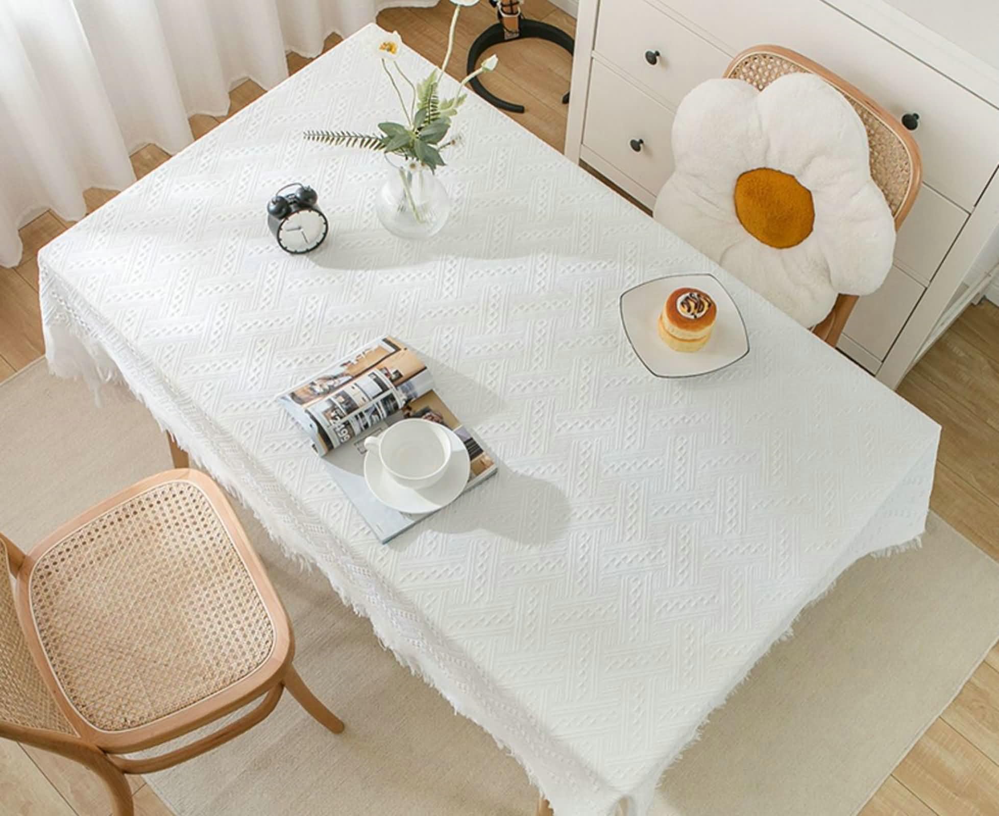 Tovaglia da Tavola 90 x 240cm, Tovaglia Rettangolare Lavabile Bianco Motivo Rombi con Nappe Tovaglia da Tavola