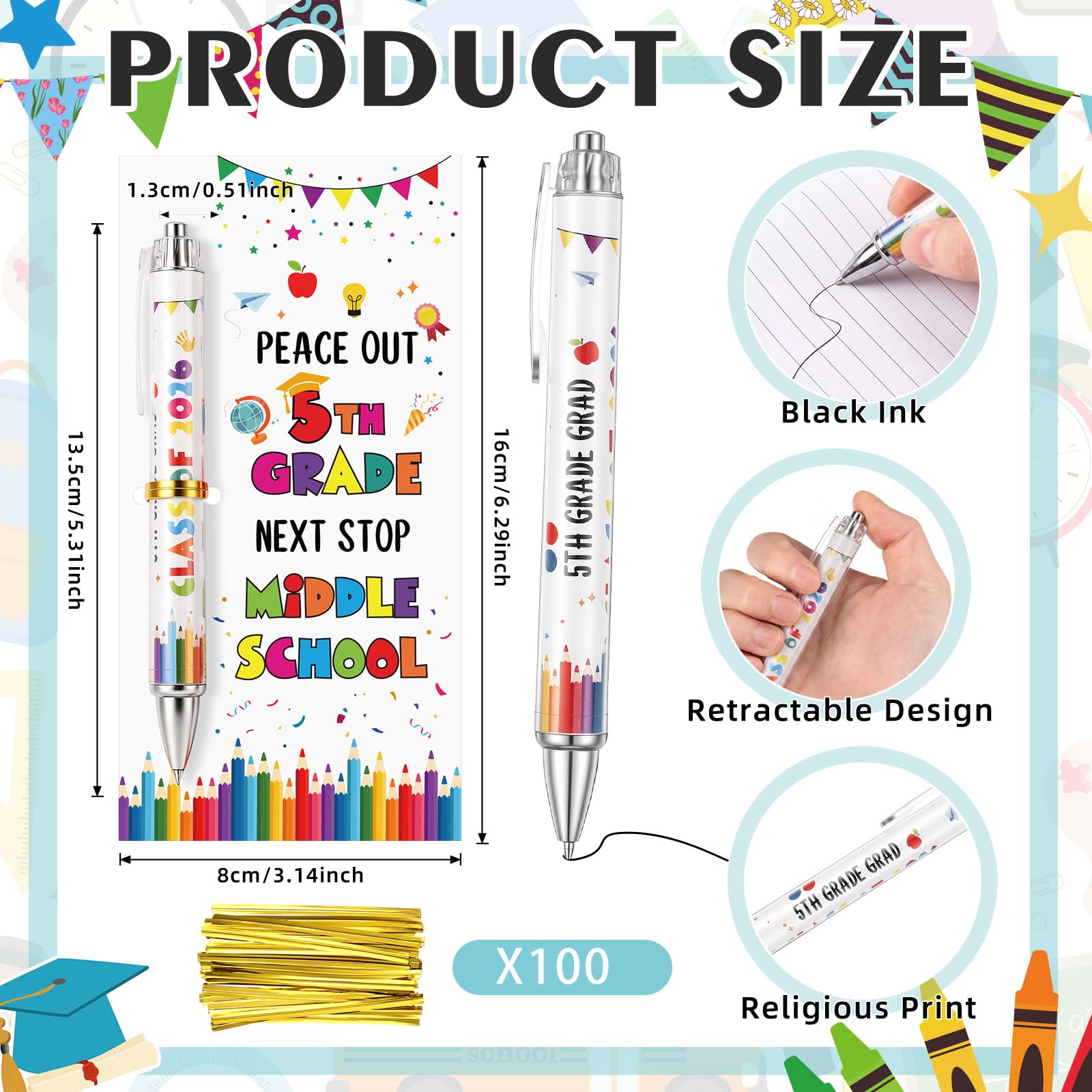 Sayglossy 24 Set 5th Grade Graduation Gifts Bulk Class of 2026 Ballpoint Pens with Inspirational Greeting Cards Fifth Grade Graduation Party Favors for Students (White)