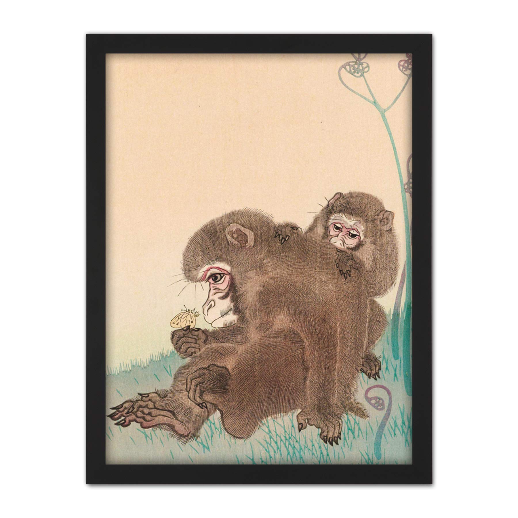 Artery8 Ohara Koson Two Monkeys With Butterfly Painting Artwork Framed Wall Art Print 18X24 Inch