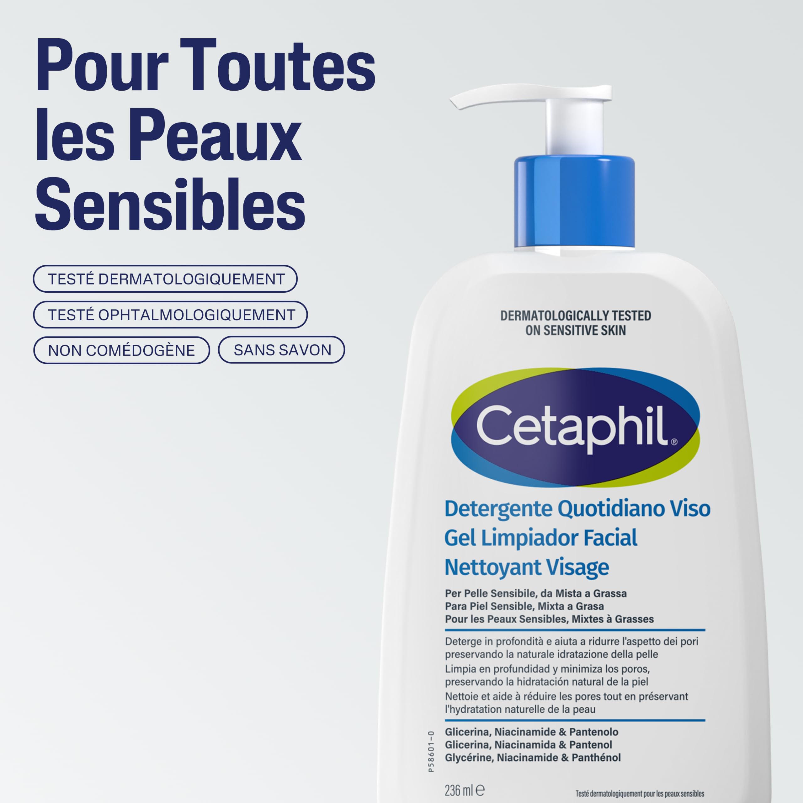 Cetaphil 237ml Żel do mycia twarzy, dla skóry wrażliwej, mieszanej i tłustej, do mycia twarzy kobiet i mężczyzn, na bazie niacynamidu, pantenolu i gliceryny