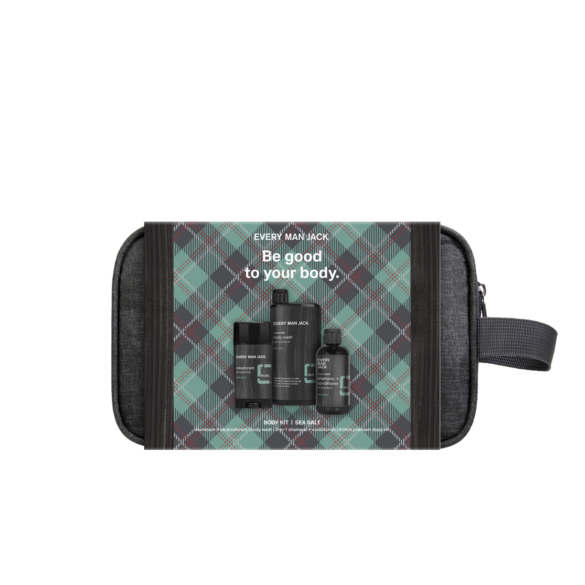 Sea Salt Bath and Body Gift Set - Perfect for Every Guy - Three Grooming Essentials with Clean Ingredients - Body Wash, 2-in-1 Shampoo + Conditioner, Deodorant + Bonus Dopp Bag