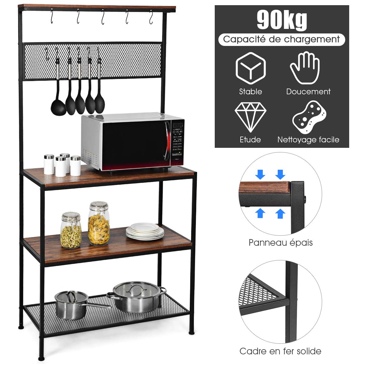 COSTWAY Étagère de Cuisine, Support pour Four à Micro-Ondes à 3 Etages, 11 Crochets en S et 1 Panneau en Grille, Meuble Rangement pour Epices, Pots, Casseroles, Pieds Antidérapants de Style Industriel